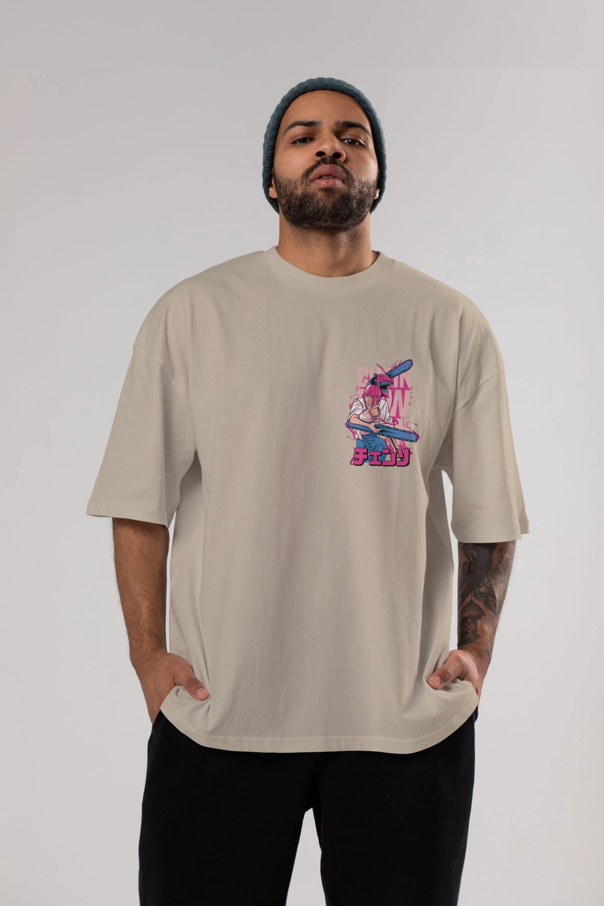 DENJI and MAKIMA Ön Sol Baskılı Oversize t-shirt Erkek Kadın Unisex %100 Pamuk Bisiklet Yaka tişort