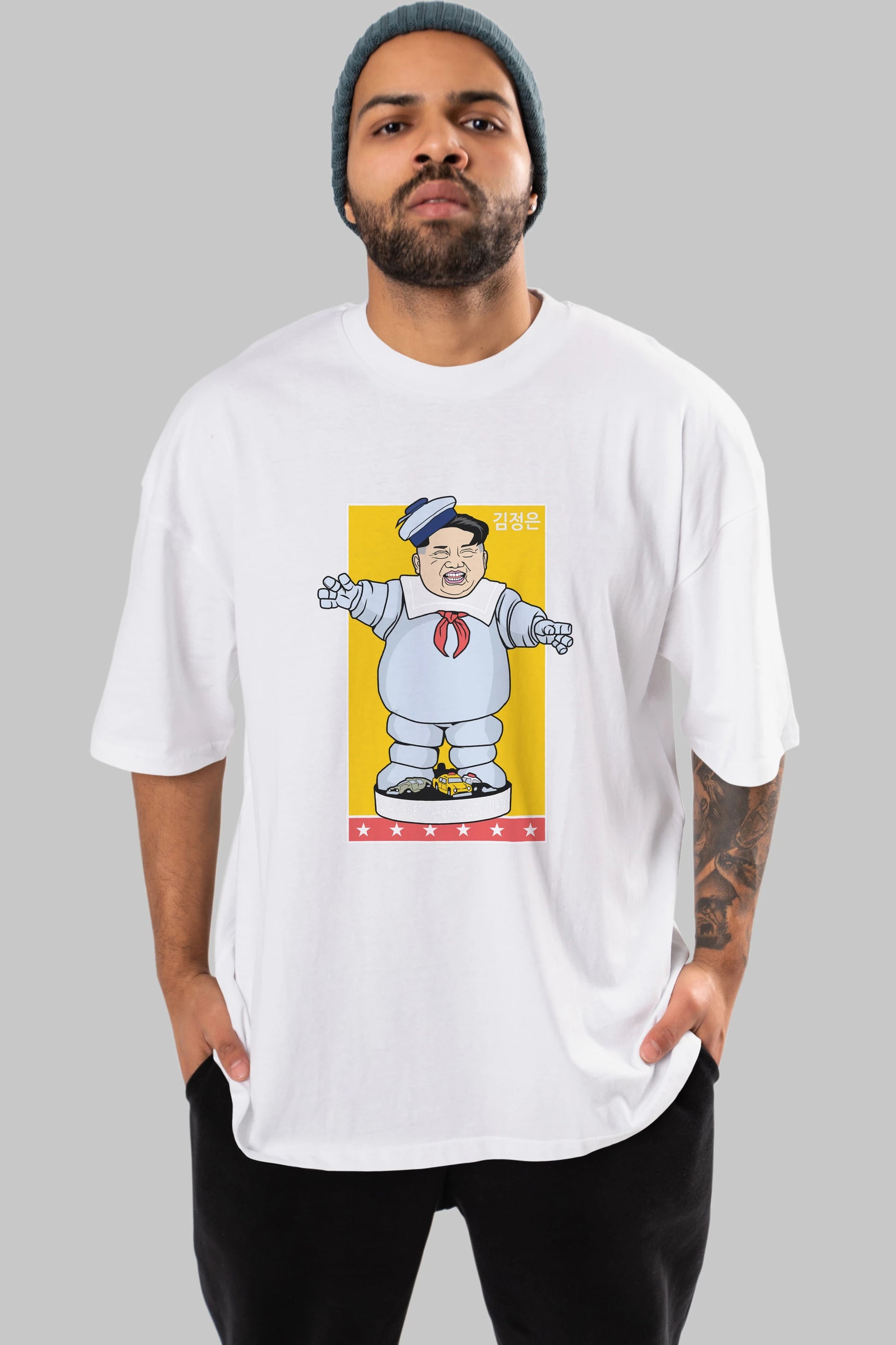 Stay Puft Jong Un Ön Baskılı Oversize t-shirt Erkek Kadın Unisex %100 Pamuk tişort