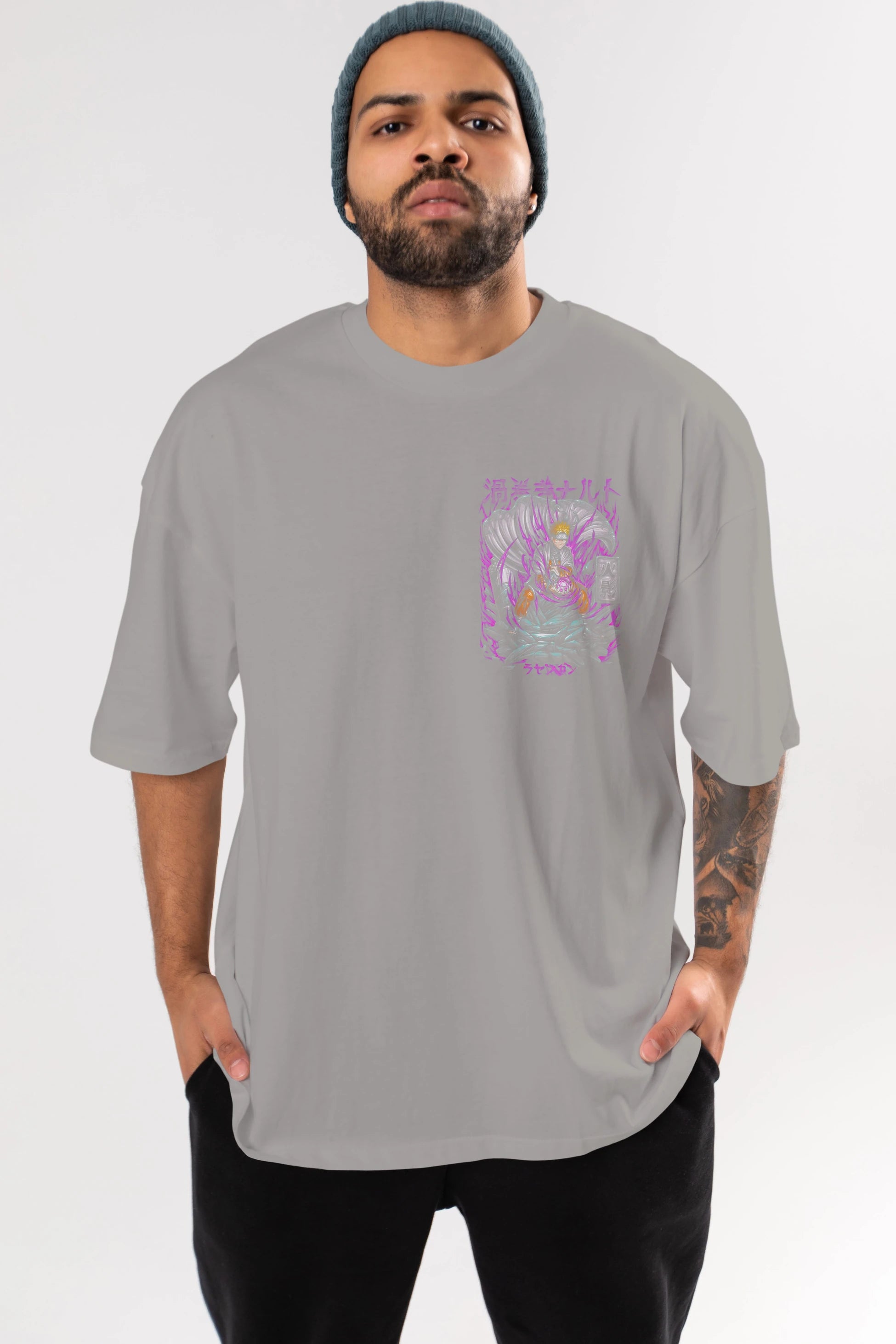 NARUTO Ön Sol Baskılı Oversize t-shirt Erkek Kadın Unisex %100 Pamuk Bisiklet Yaka tişort