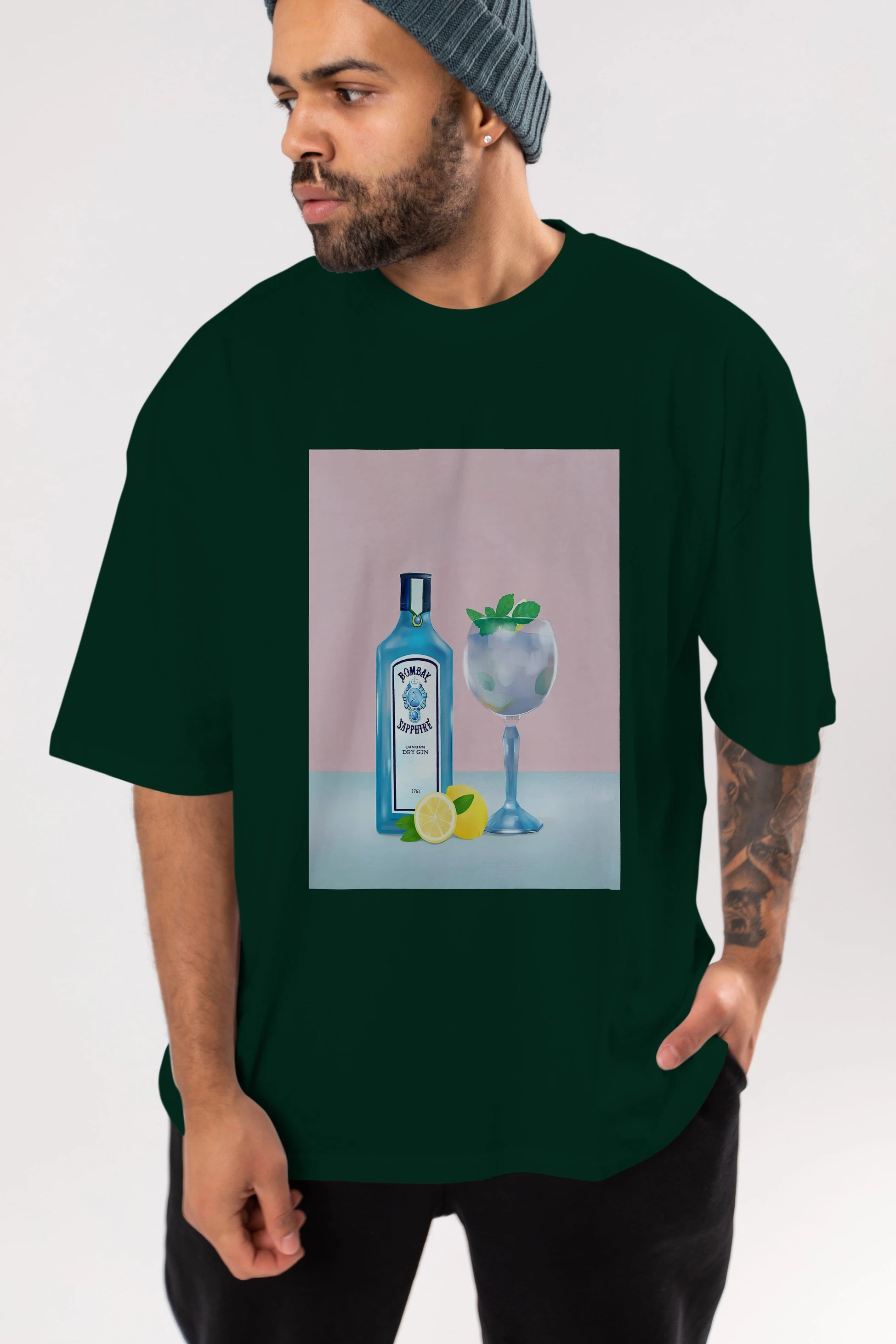 Bombay Sapphire Dry Gin Ön Baskılı Oversize t-shirt Erkek Kadın Unisex %100 Pamuk Bisiklet Yaka tişort