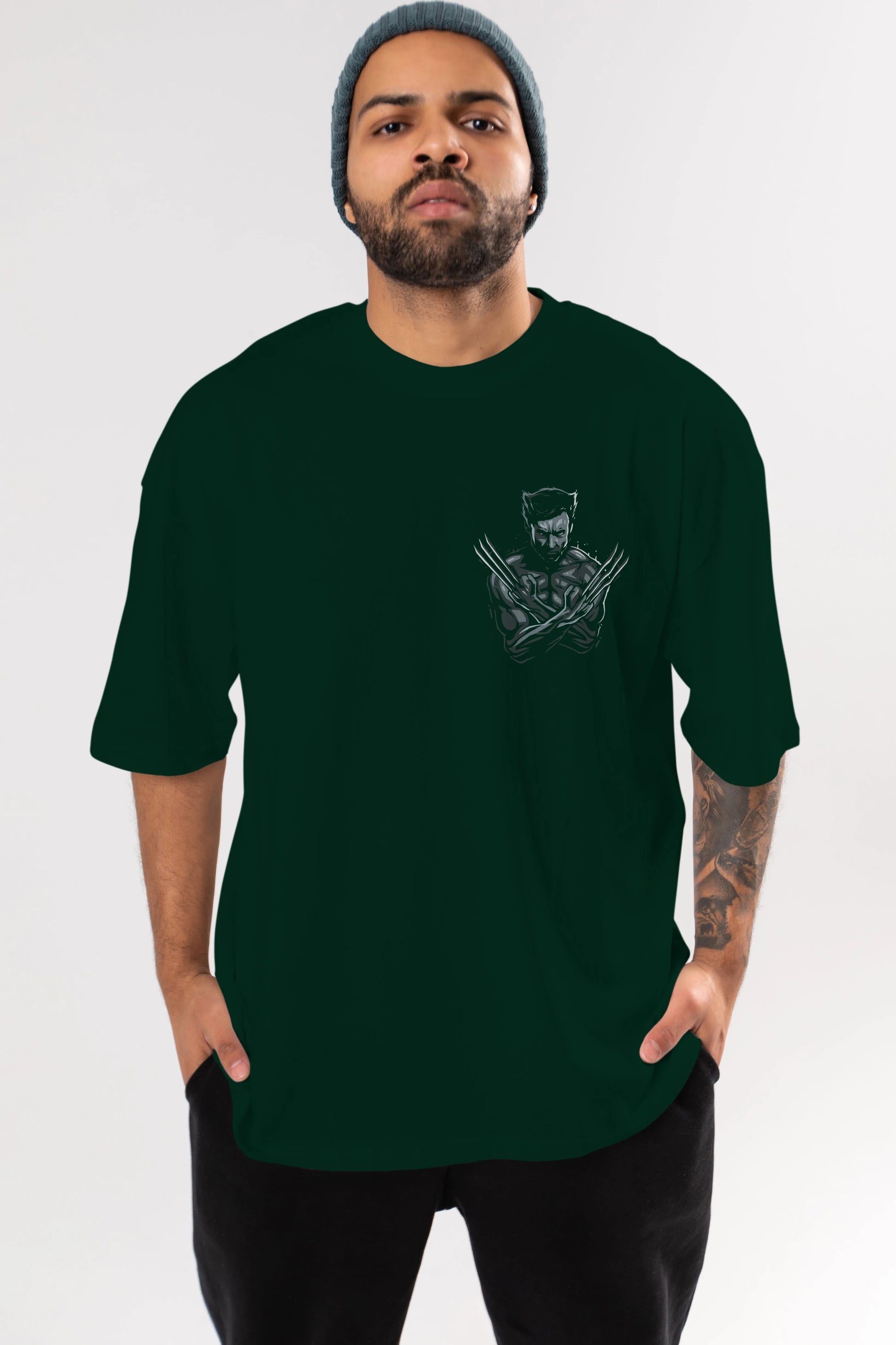 Wolverine Ön Sol Baskılı Oversize t-shirt Erkek Kadın Unisex %100 Pamuk Bisiklet Yaka tişort