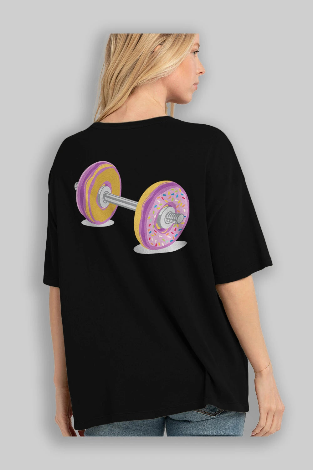 Donut Barbell Arka Baskılı Oversize t-shirt %100 pamuk Erkek Kadın Unisex