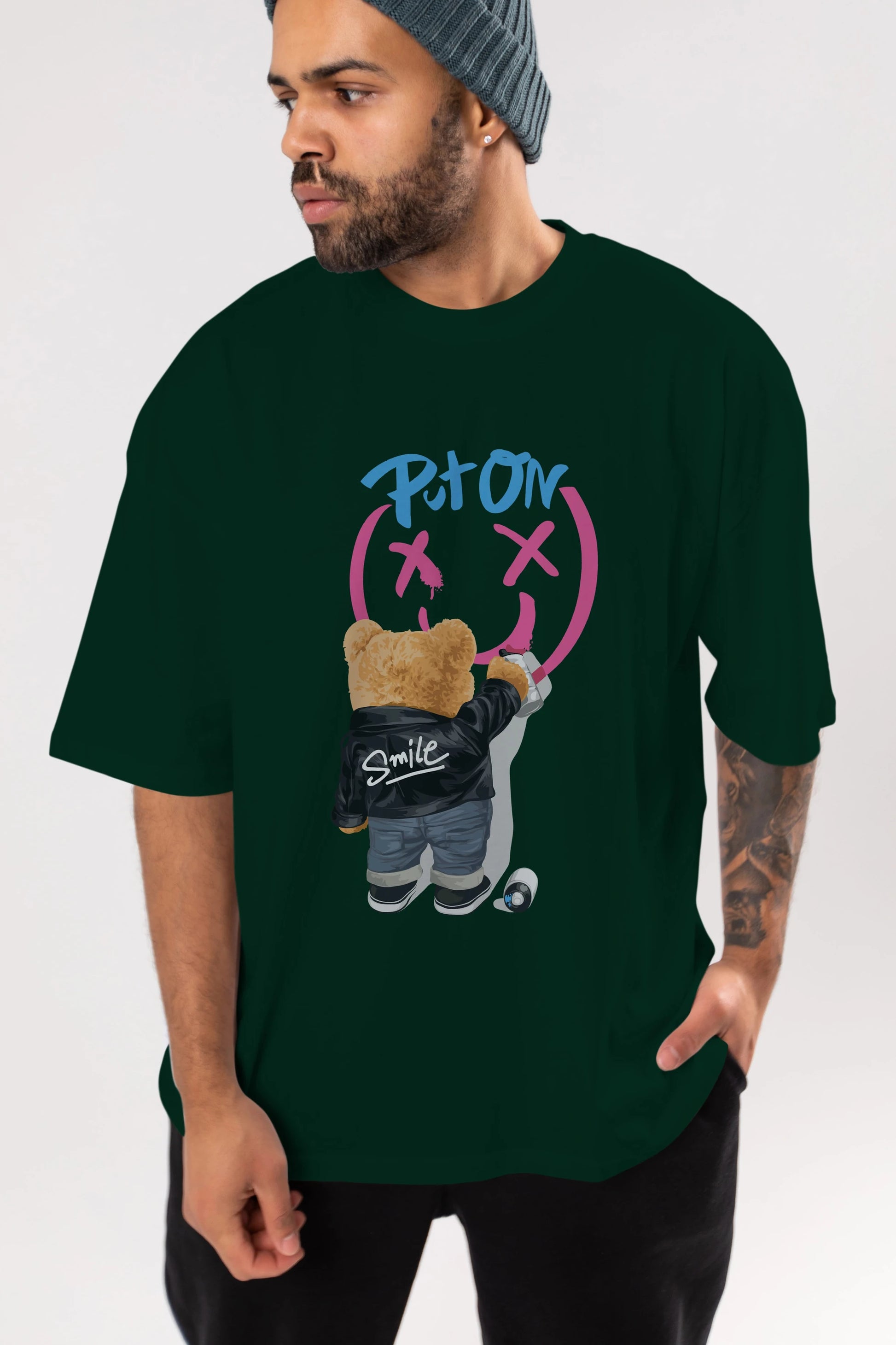 Put on Smile Bear Ön Baskılı Oversize t-shirt Erkek Kadın Unisex
