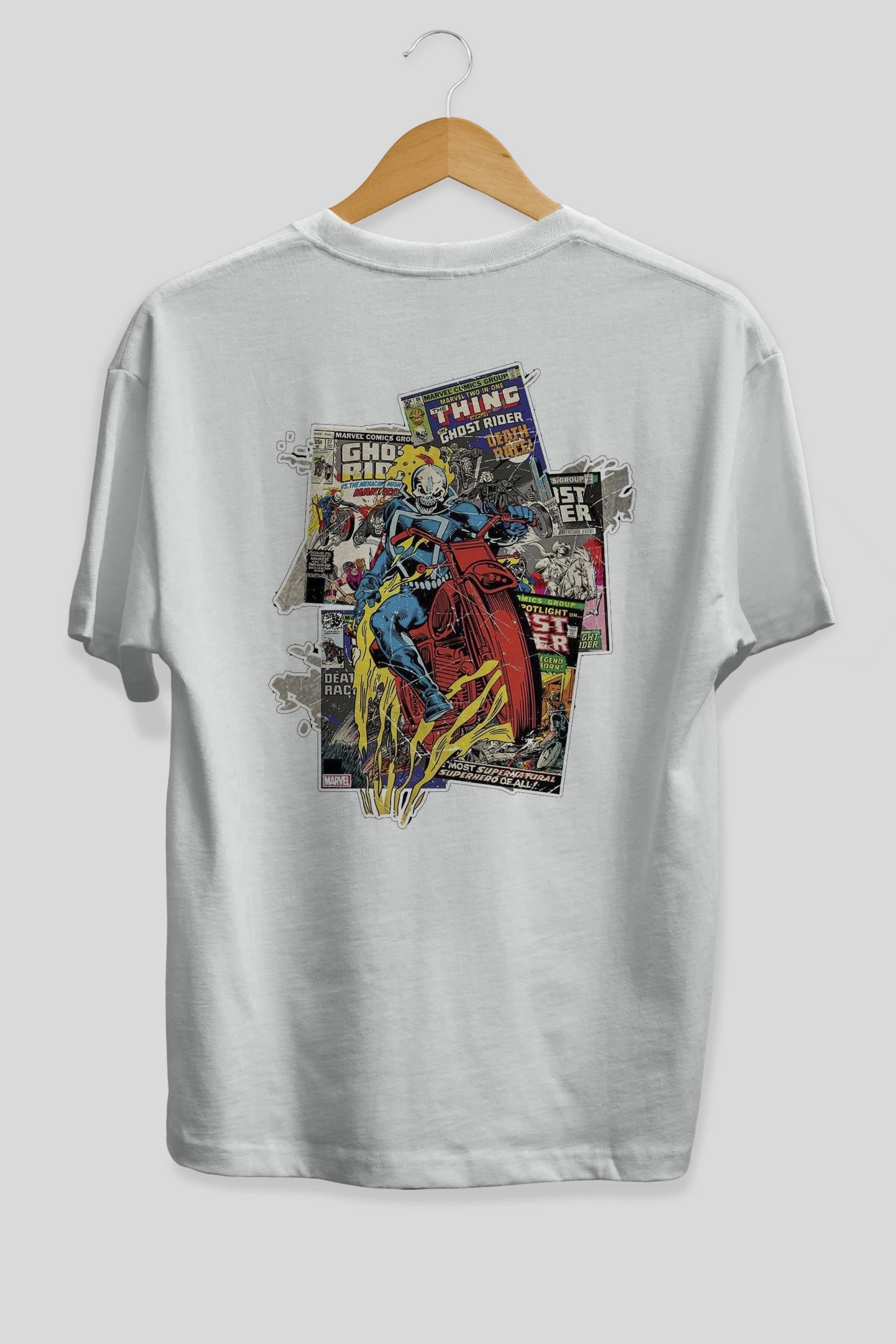 Ghost Rider Arka Baskılı Oversize t-shirt Erkek Kadın Unisex %100 Pamuk Bisiklet Yaka tişort