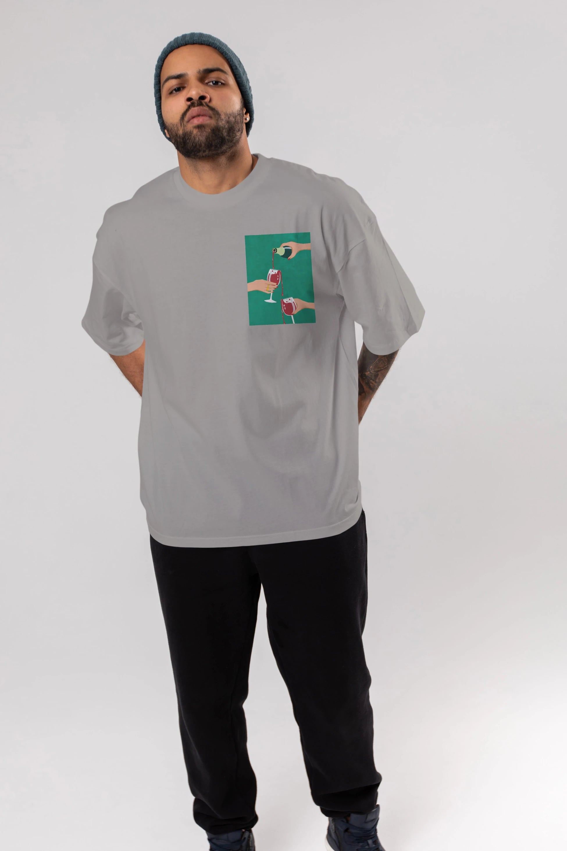 Wine 2 Ön Sol Baskılı Oversize t-shirt Erkek Kadın Unisex %100 Pamuk Bisiklet Yaka tişort