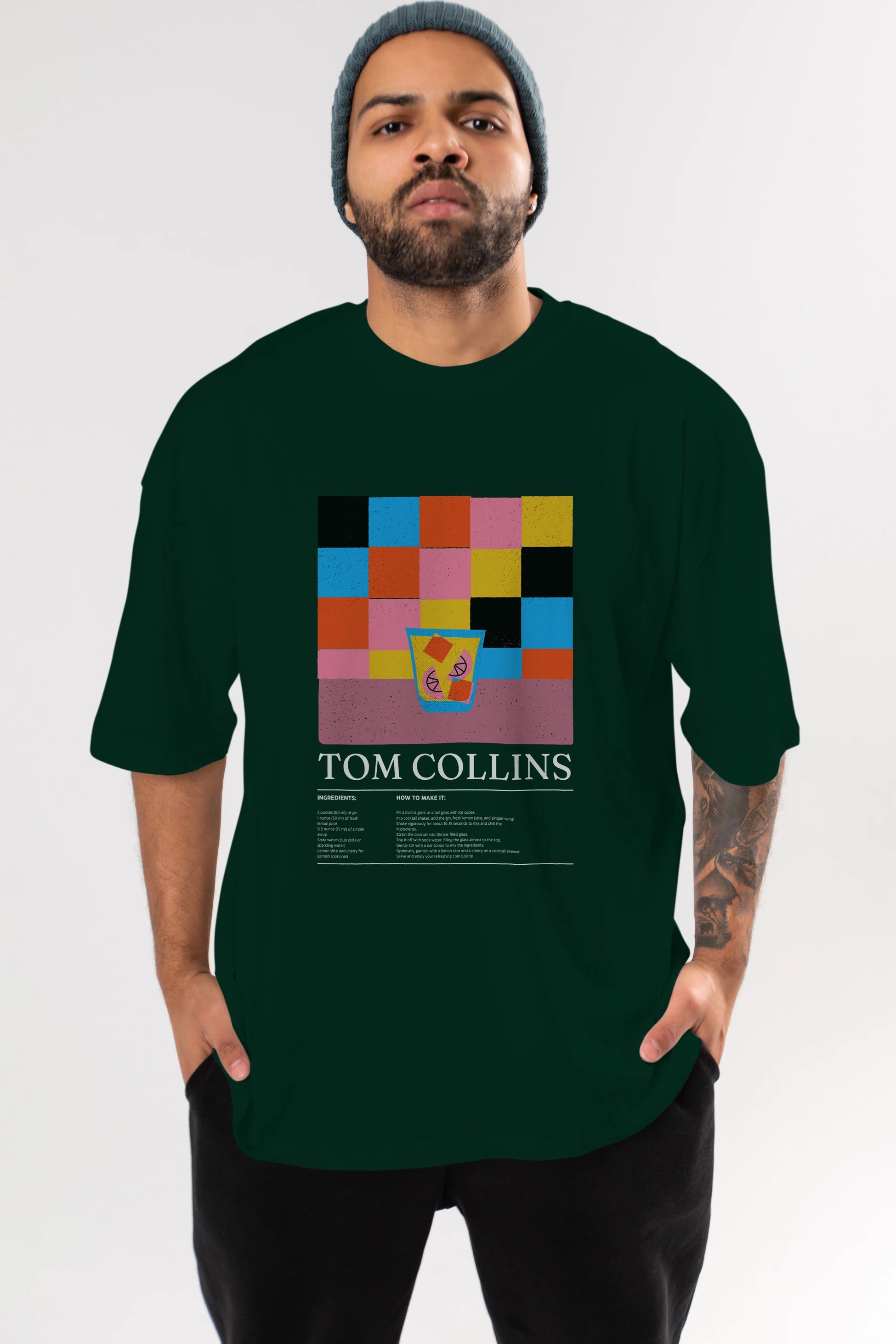 Tom Collins Kokteyl Ön Baskılı Oversize t-shirt Erkek Kadın %100 Pamuk Bisiklet Yaka tişort