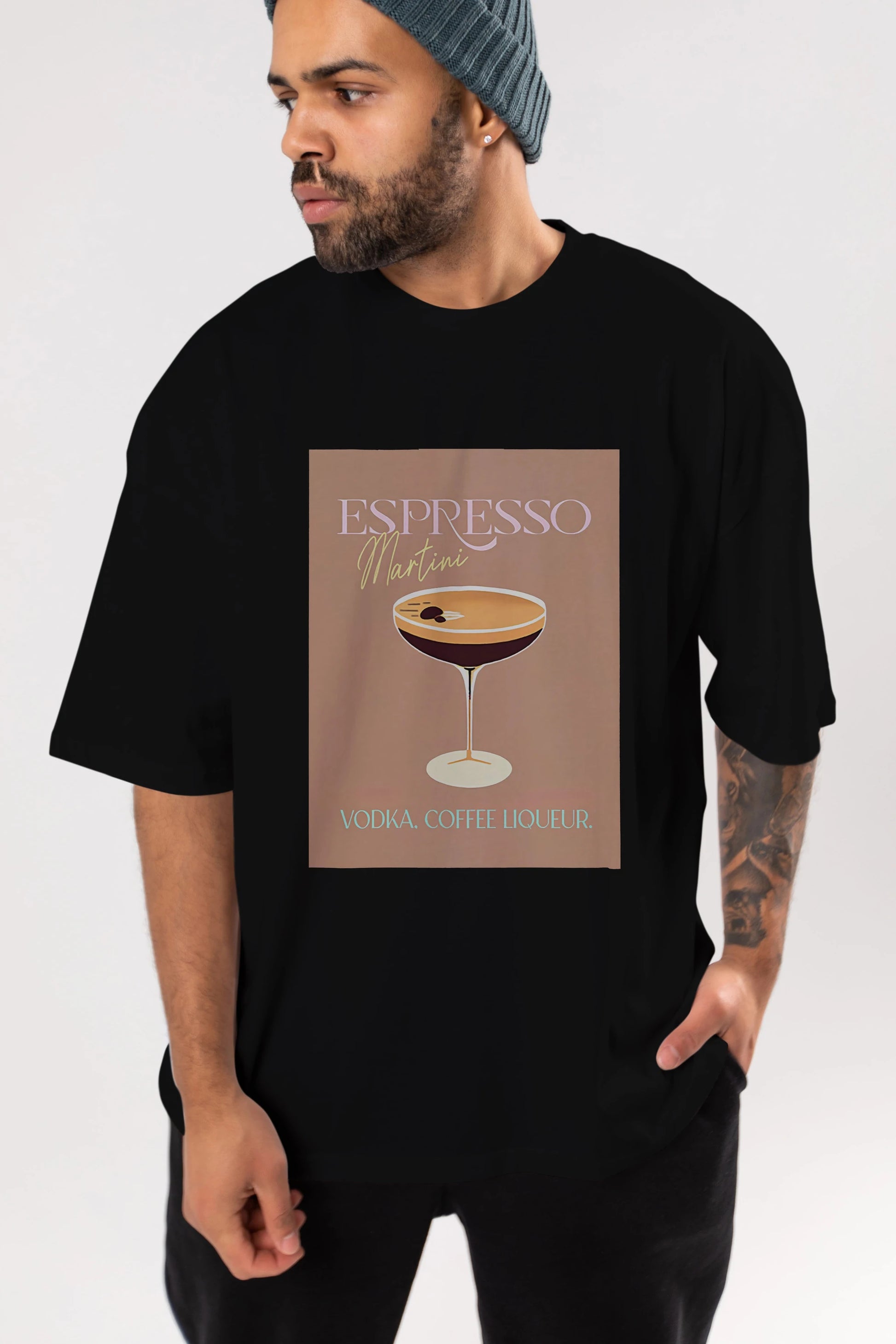 Espresso Martini Cocktail Ön Baskılı Oversize t-shirt Erkek Kadın Unisex %100 Pamuk Bisiklet Yaka tişort