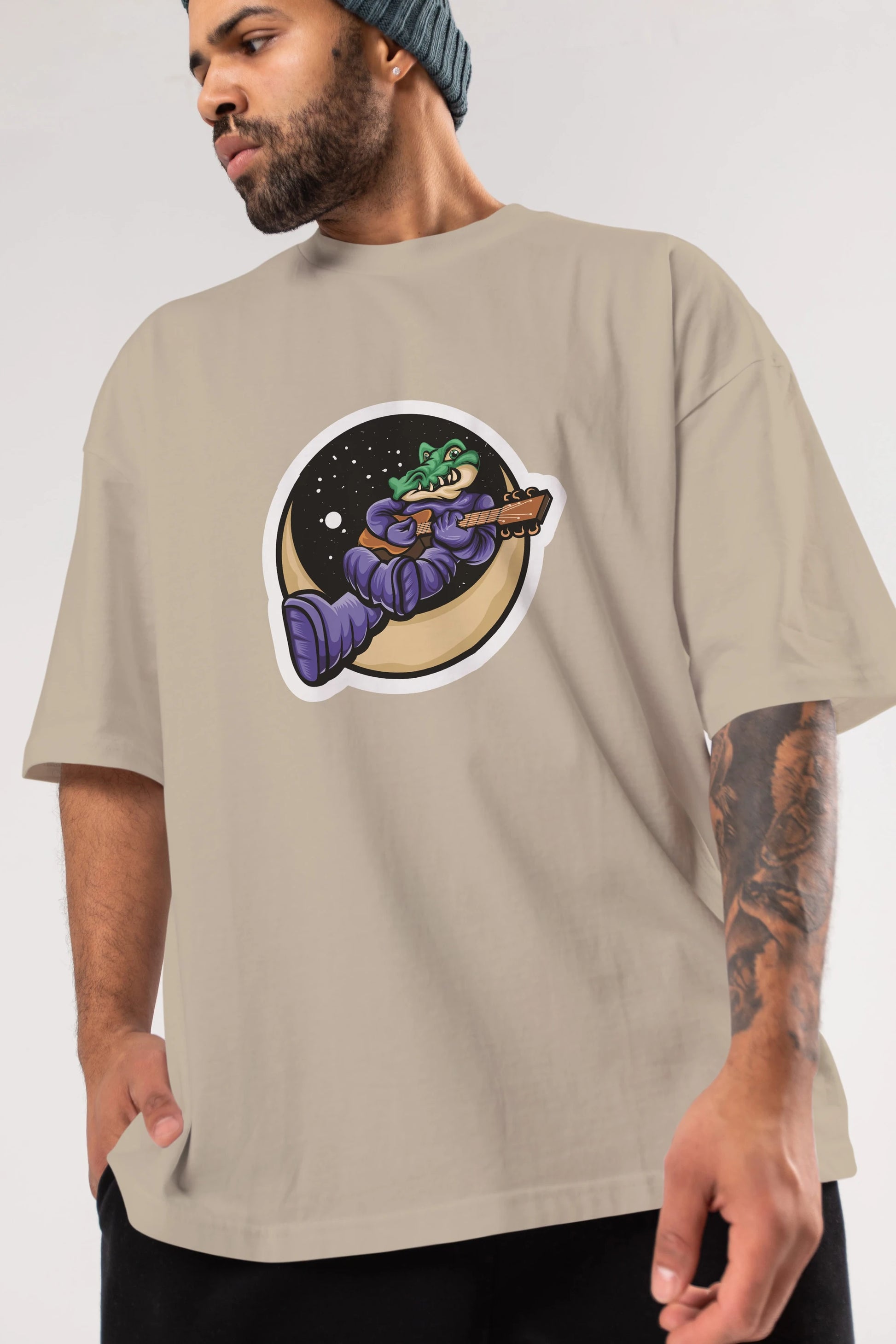 Space Crocodile Sticker Ön Baskılı Oversize t-shirt Erkek Kadın Unisex