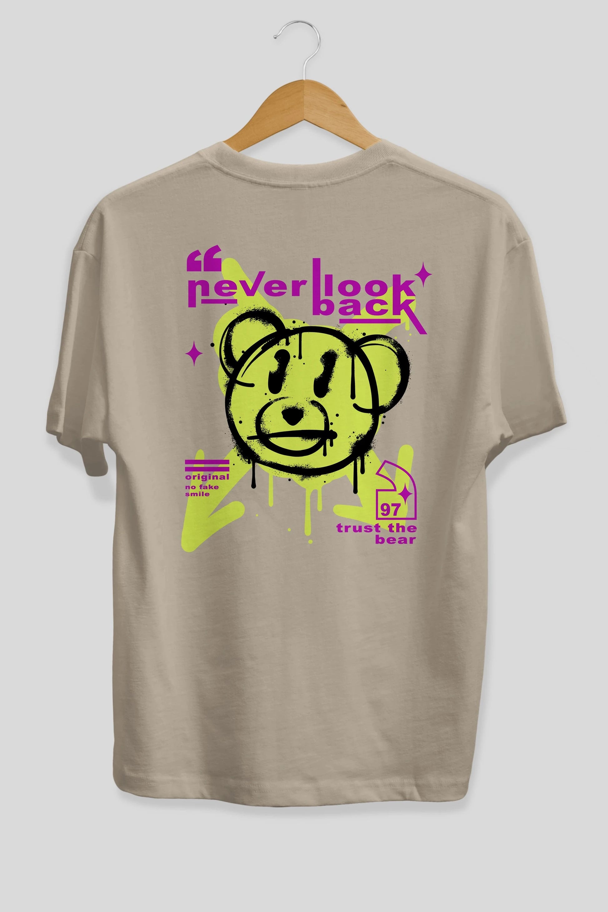Never Look Back Bear Arka Baskılı Oversize t-shirt Erkek Kadın Unisex