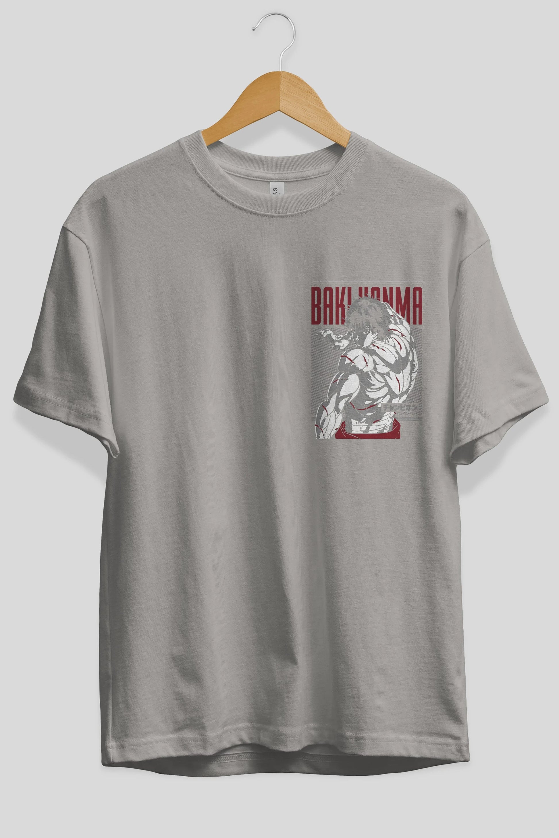BAKI HANMA Ön Sol Baskılı Oversize t-shirt Erkek Kadın Unisex %100 Pamuk Bisiklet Yaka tişort