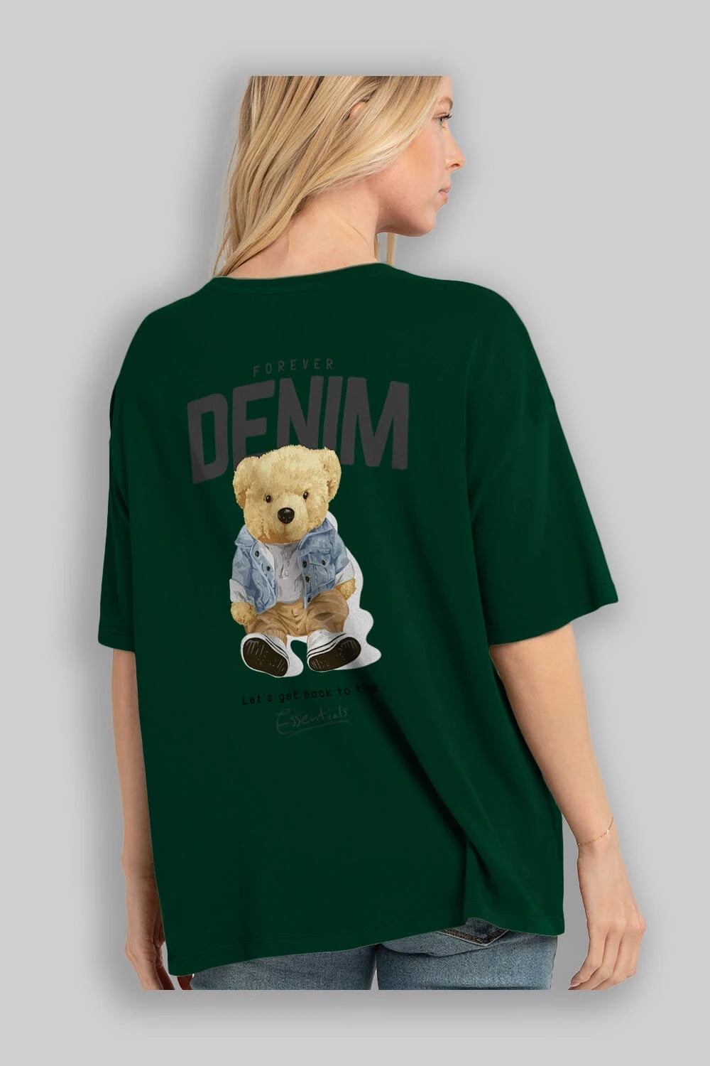 Teddy Bear Forever Denim Arka Baskılı Oversize t-shirt Erkek Kadın Unisex %100 Pamuk