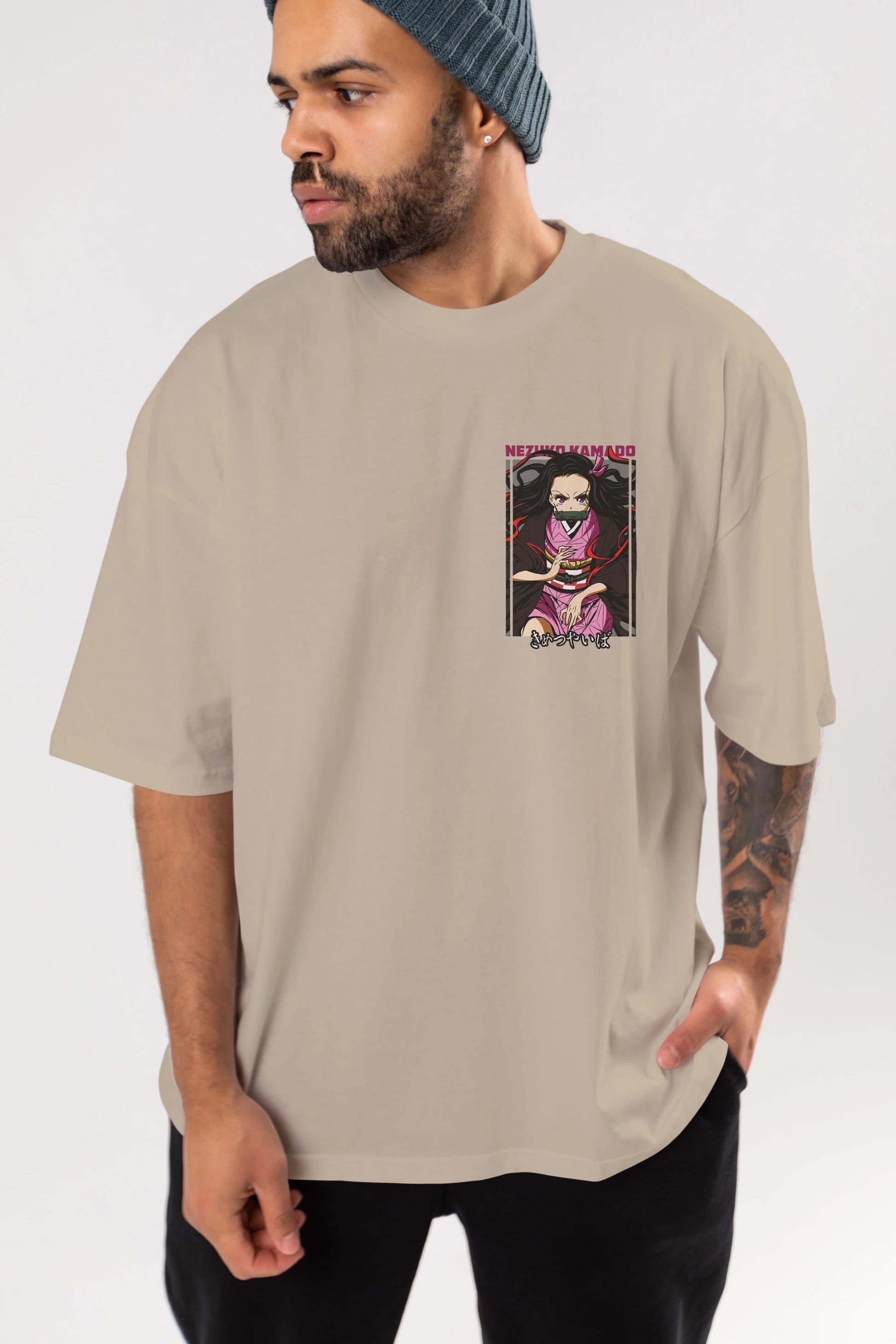 Nezuko Kamado 1 Ön Sol Baskılı Oversize t-shirt Erkek Kadın Unisex %100 Pamuk Bisiklet Yaka tişort