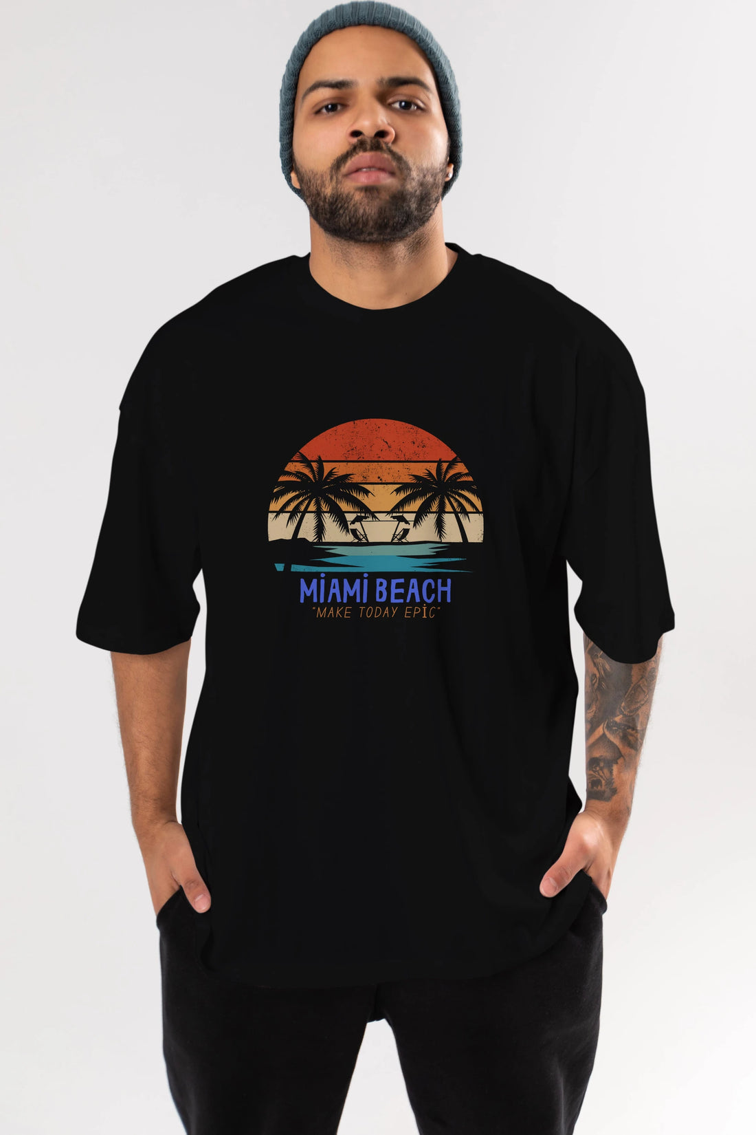 Miami Beach Yazılı Ön Baskılı Oversize t-shirt Erkek Kadın Unisex
