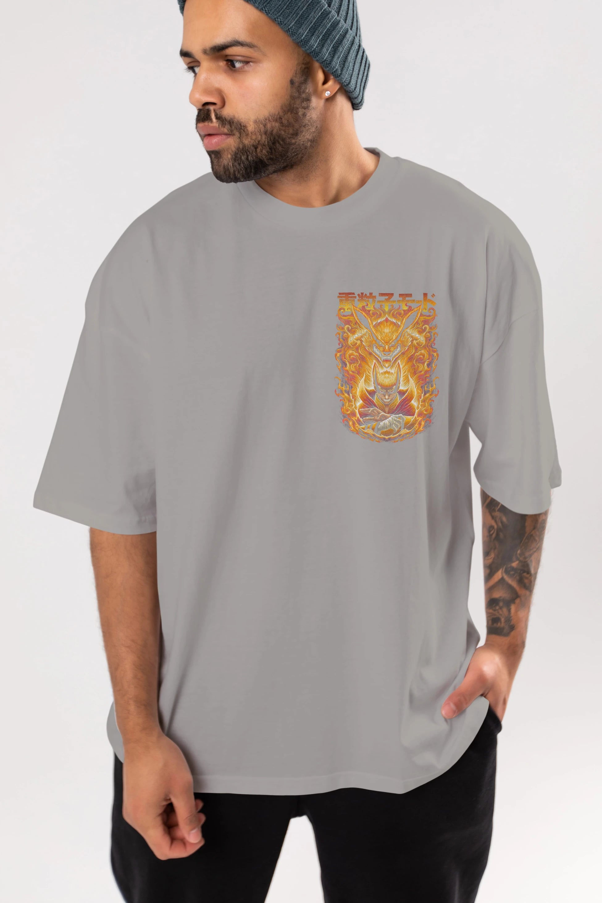 NARUTO KYUUBI 1 Ön Sol Baskılı Oversize t-shirt Erkek Kadın Unisex %100 Pamuk Bisiklet Yaka tişort