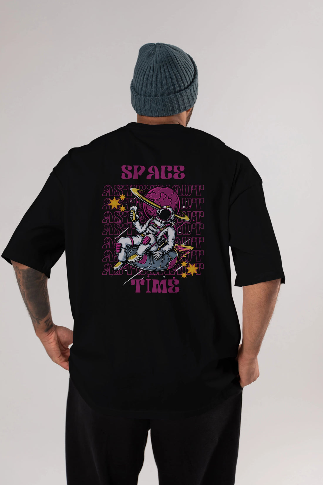 Space Time Astronaut Yazılı Arka Baskılı Oversize t-shirt Erkek Kadın Unisex