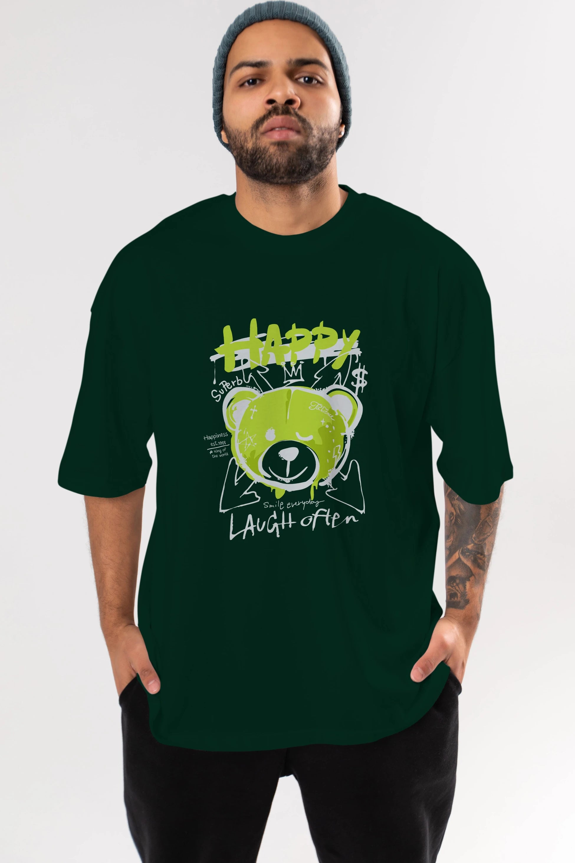 Happy Bear Ön Baskılı Oversize t-shirt Erkek Kadın Unisex