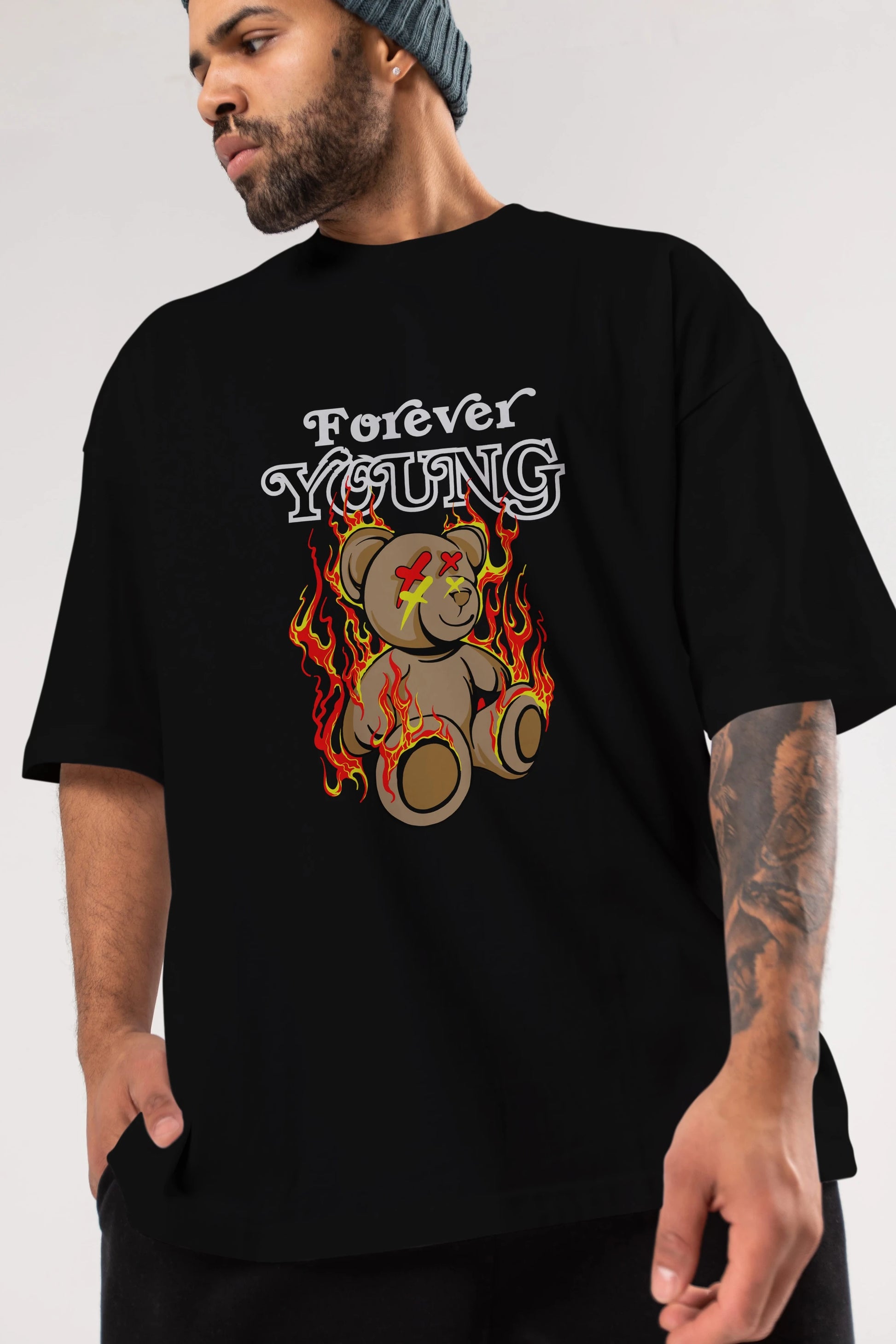 Forever Young Bear Ön Baskılı Oversize t-shirt Erkek Kadın Unisex