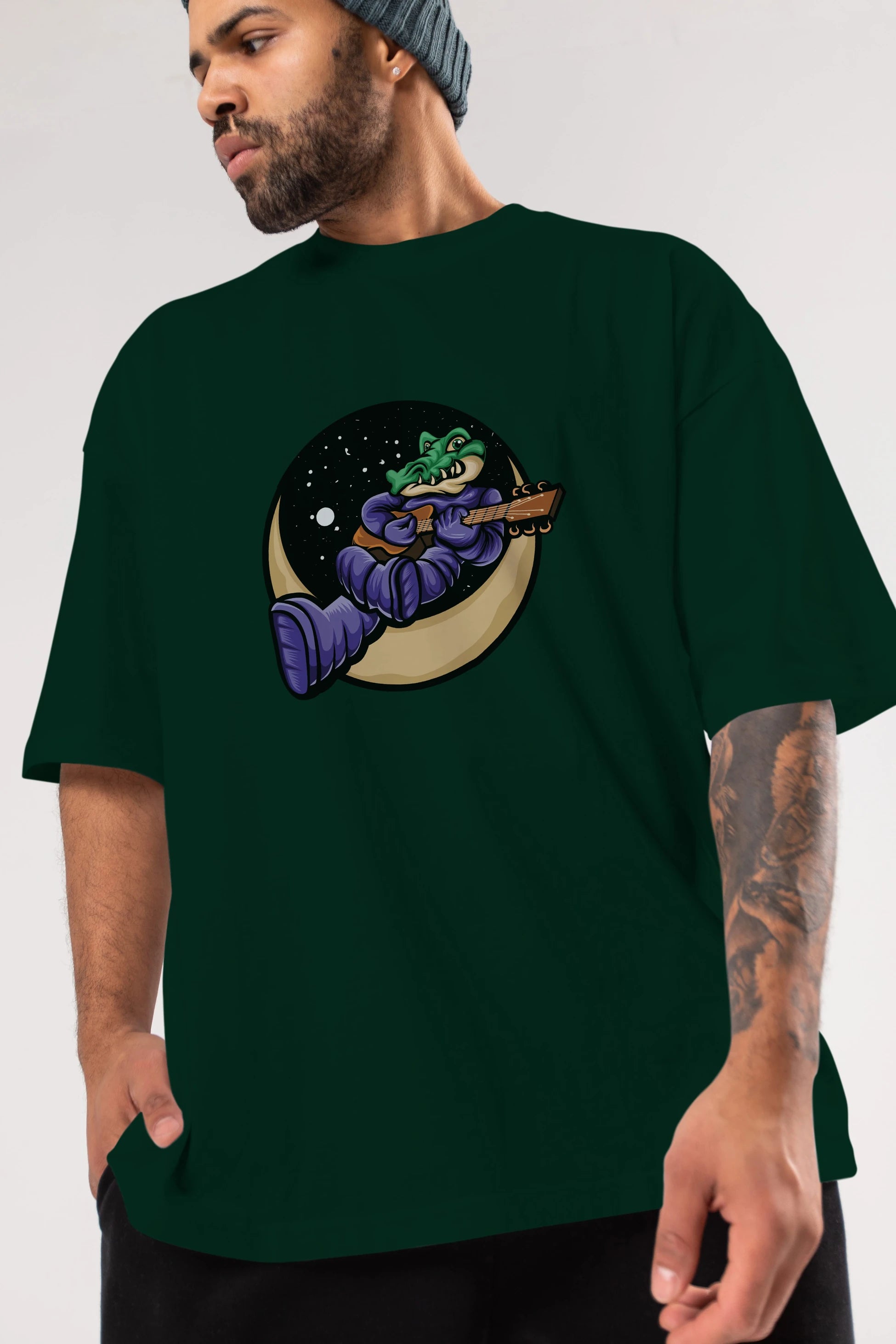 Space Crocodile Ön Baskılı Oversize t-shirt Erkek Kadın Unisex