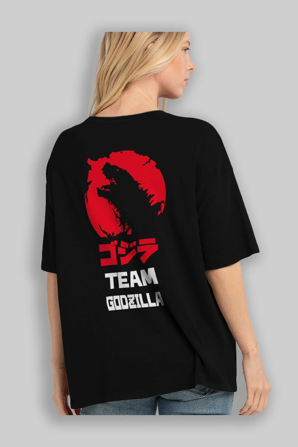 Team Godzilla Arka Baskılı Oversize t-shirt Erkek Kadın Unisex %100 Pamuk Bisiklet Yaka tişort