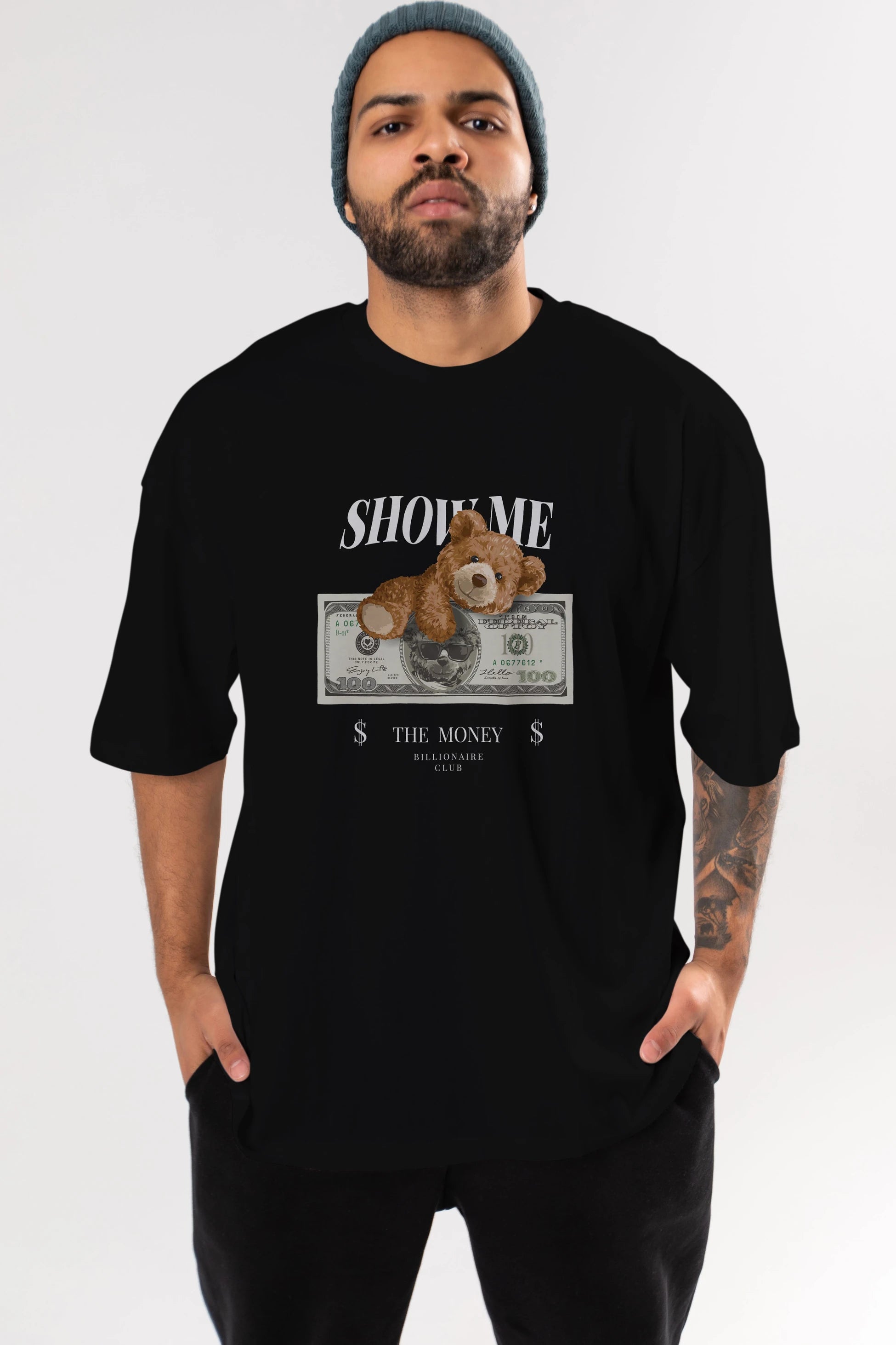 Teddy Bear The Money Ön Baskılı Oversize t-shirt Erkek Kadın Unisex %100 Pamuk