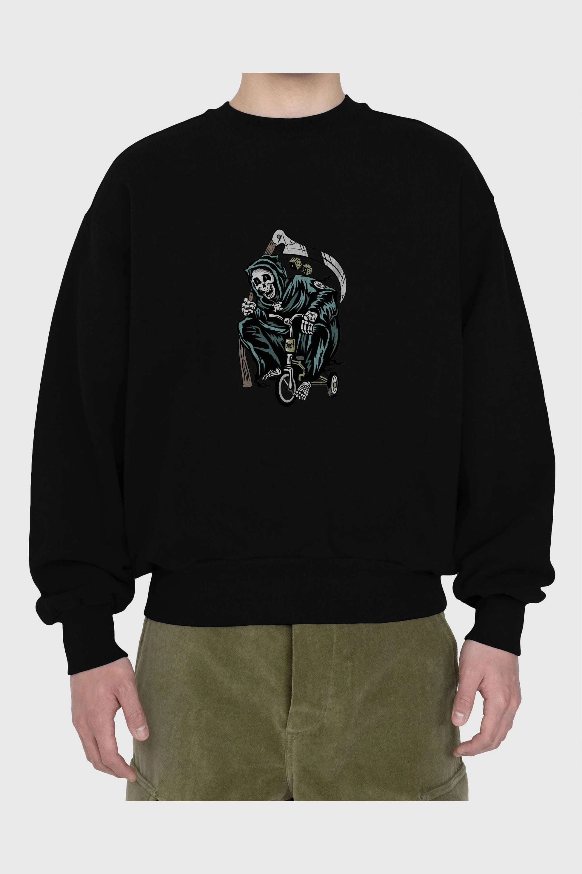 Grim Reaper Bicycle Ön Baskılı Oversize Sweatshirt Erkek Kadın Unisex