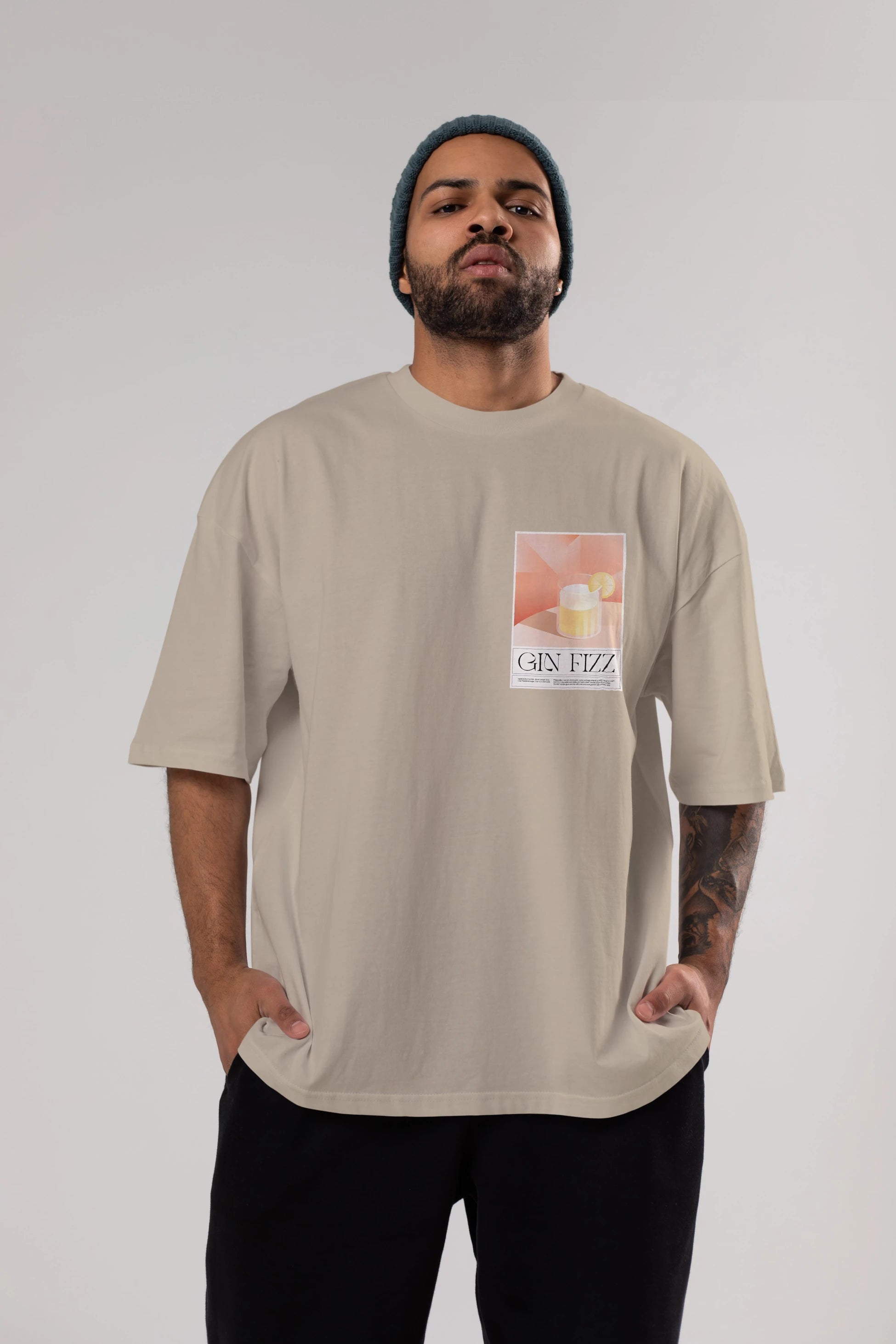 Gin Fizz Ön Sol Baskılı Oversize t-shirt Erkek Kadın Unisex %100 Pamuk Bisiklet Yaka tişort