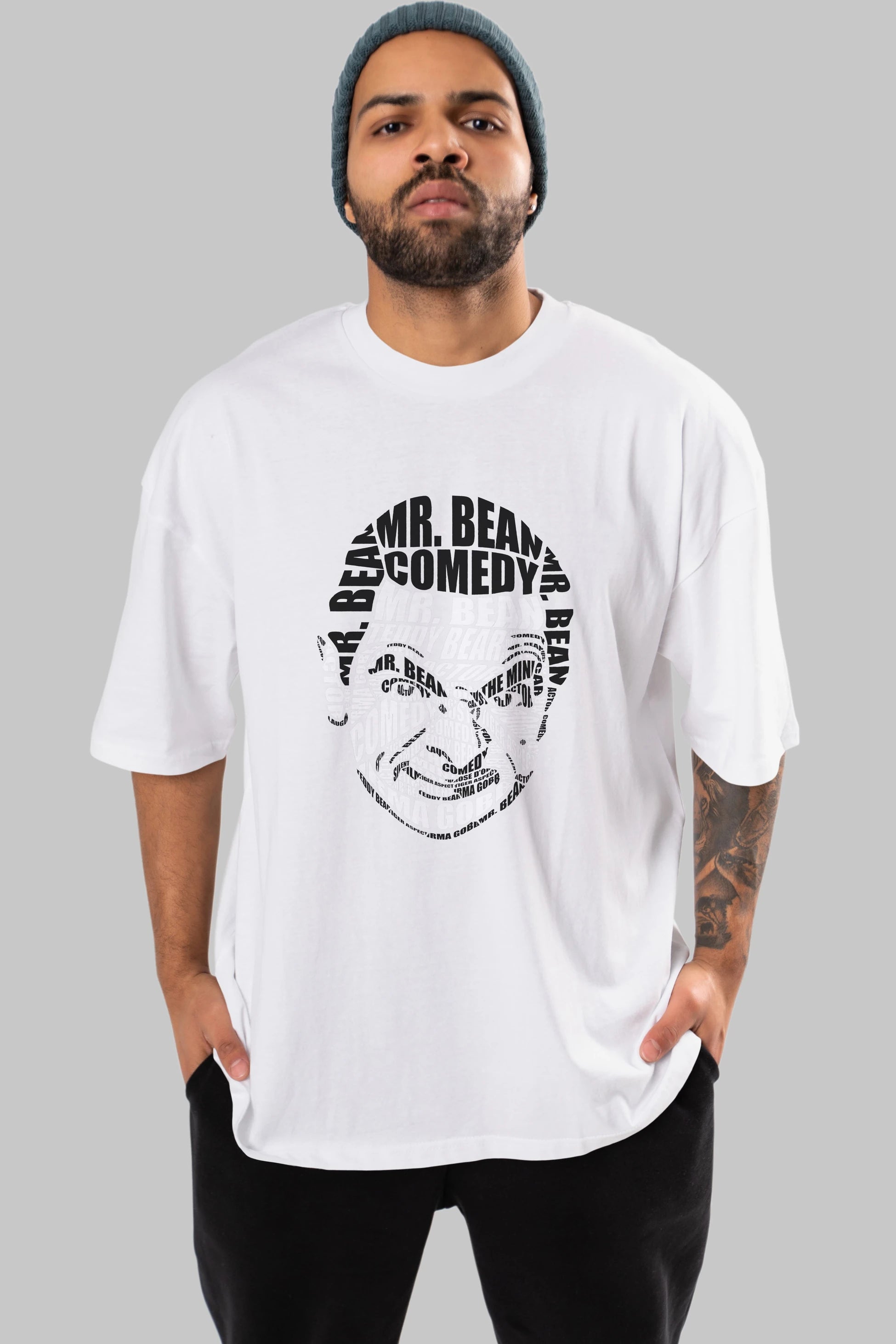 Mr Bean Calligram Ön Baskılı Oversize t-shirt %100 pamuk Erkek Kadın Unisex