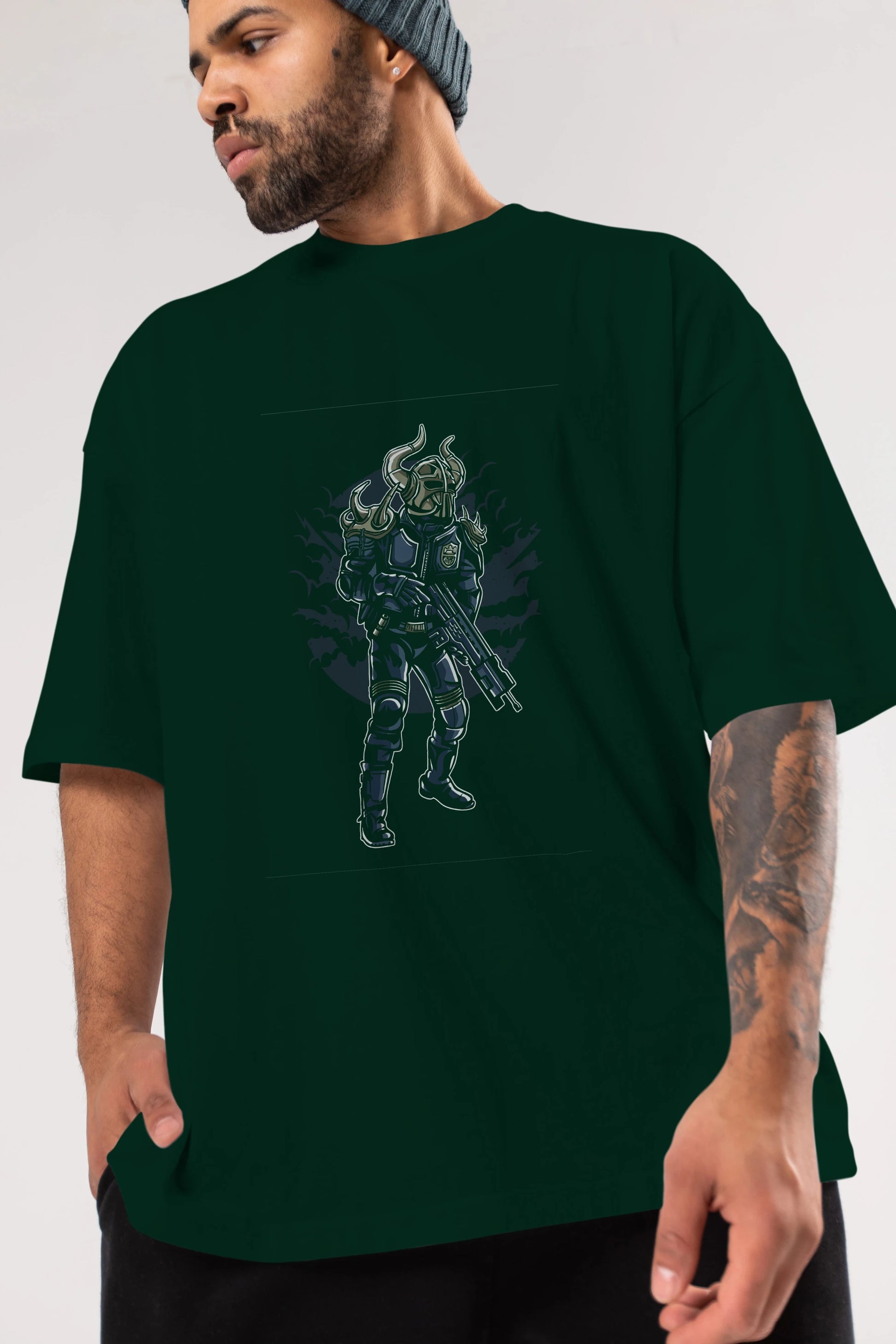 Viking Soldier Ön Baskılı Oversize t-shirt Erkek Kadın Unisex %100 Pamuk tişort
