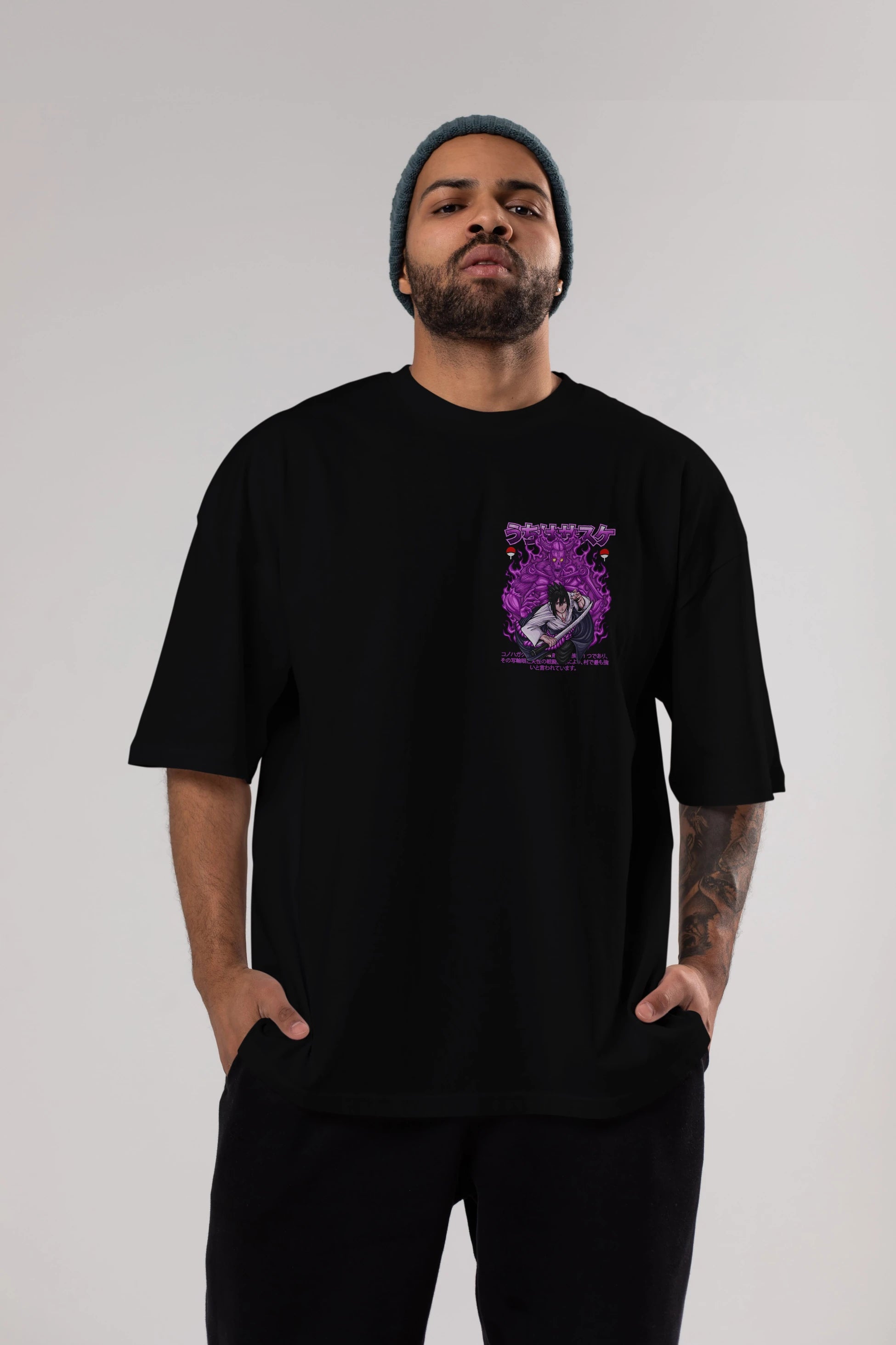SASUKE UCHIHA NARUTO Ön Sol Baskılı Oversize t-shirt Erkek Kadın Unisex %100 Pamuk Bisiklet Yaka tişort