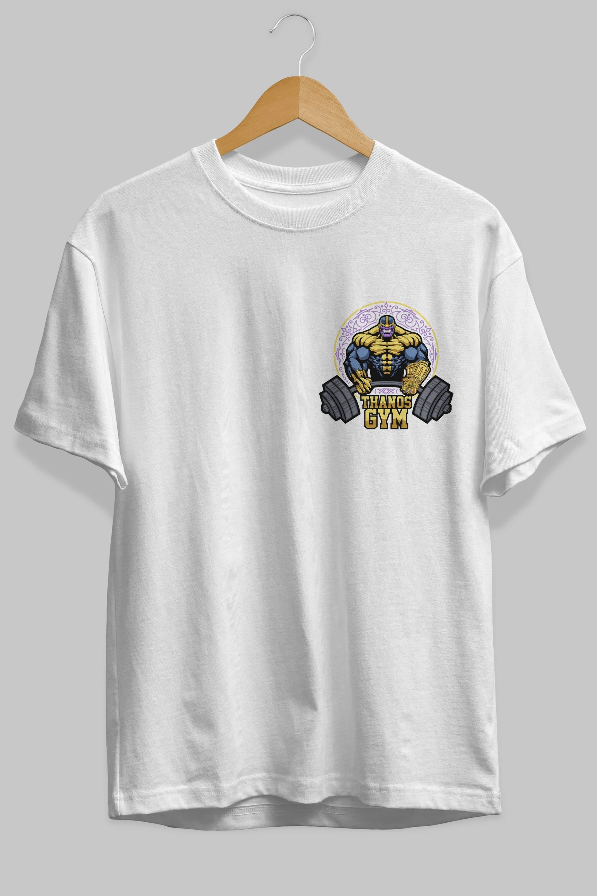 Thanos GYM Ön Sol Baskılı Oversize t-shirt Erkek Kadın Unisex %100 Pamuk Bisiklet Yaka tişort