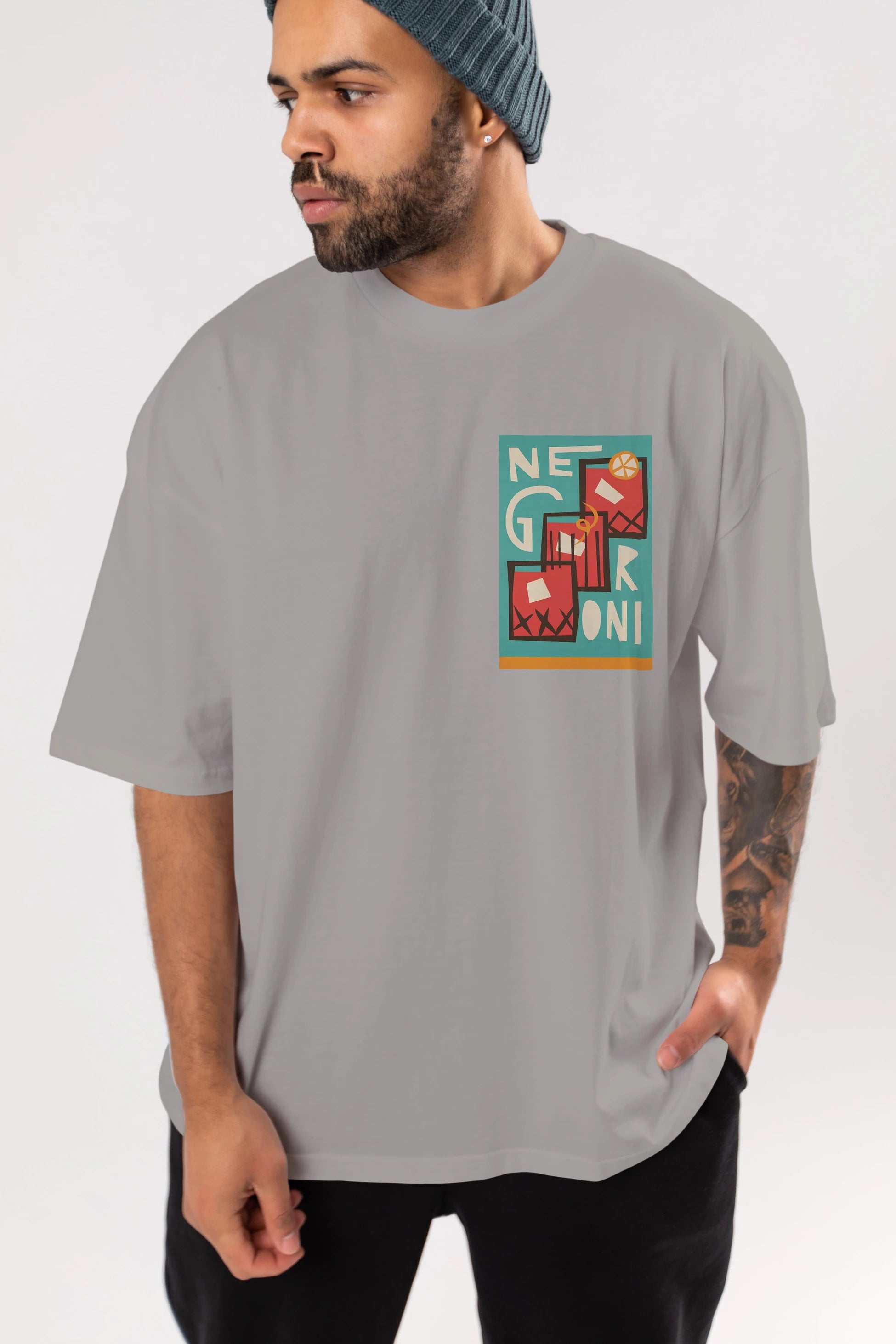 Negroni 3 Ön Sol Baskılı Oversize t-shirt Erkek Kadın Unisex %100 Pamuk Bisiklet Yaka tişort