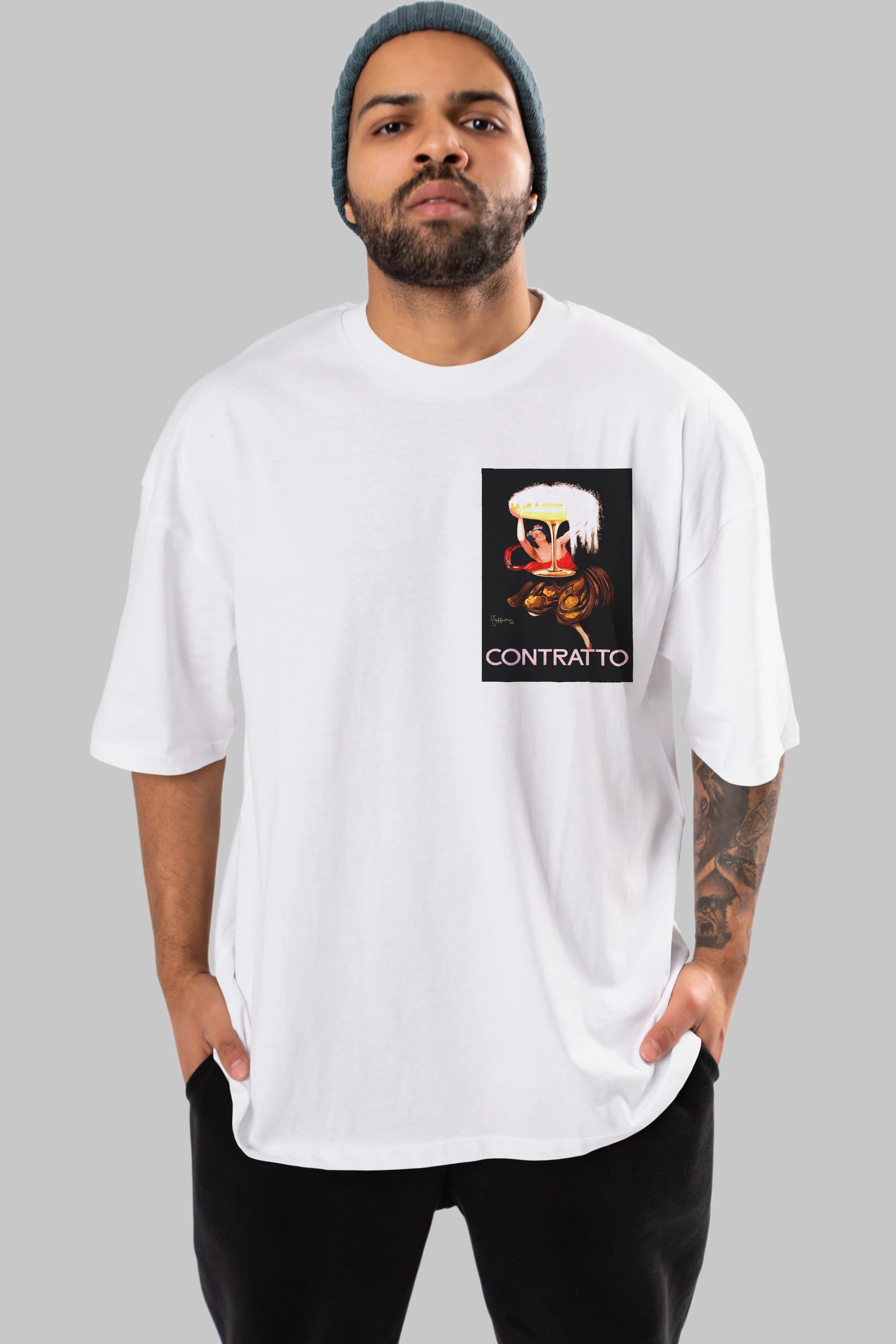 Contratto Ön Sol Baskılı Oversize t-shirt Erkek Kadın Unisex %100 Pamuk Bisiklet Yaka tişort