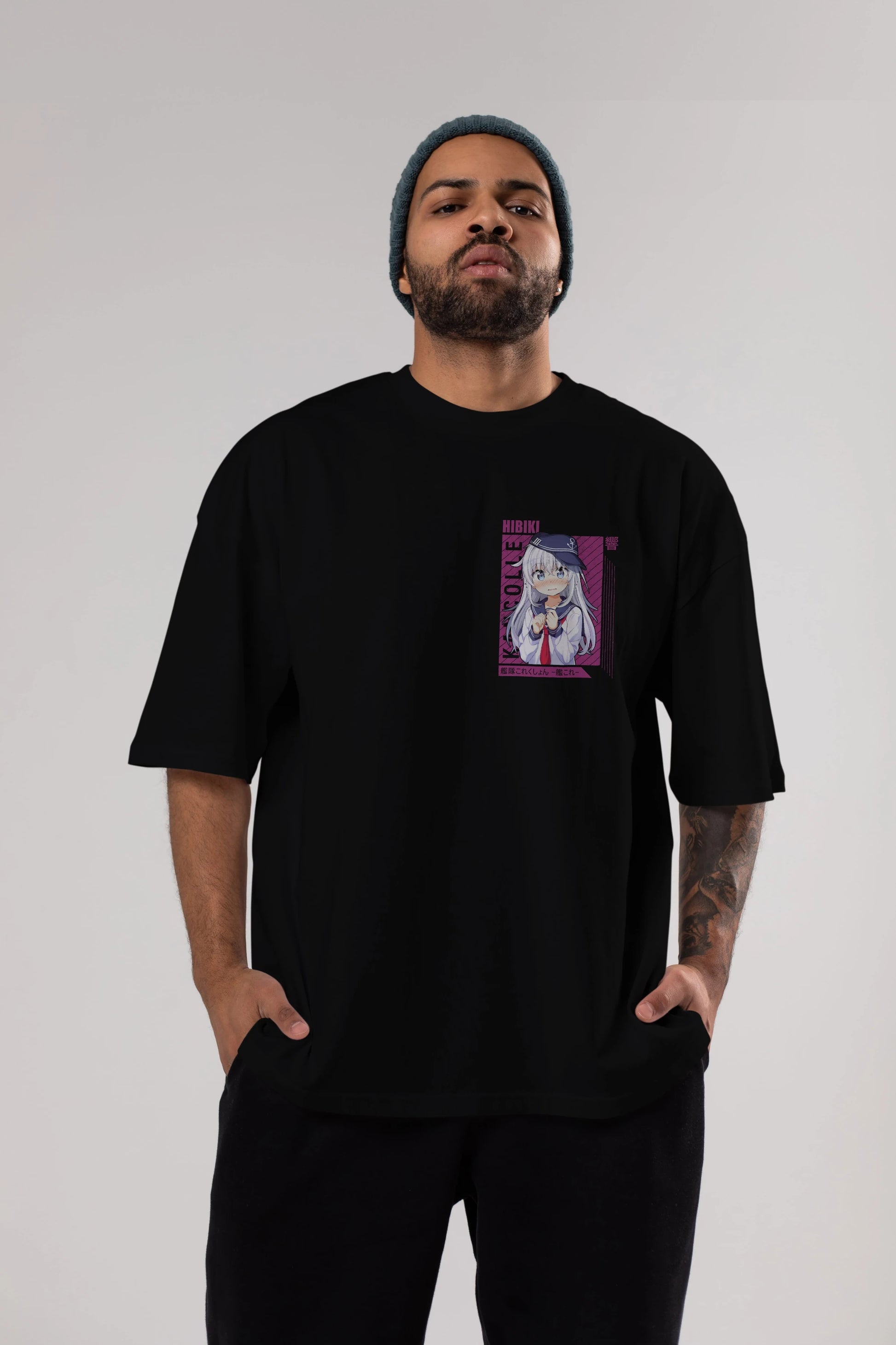 Hibiki 4 Ön Sol Baskılı Oversize t-shirt Erkek Kadın Unisex %100 Pamuk Bisiklet Yaka tişort