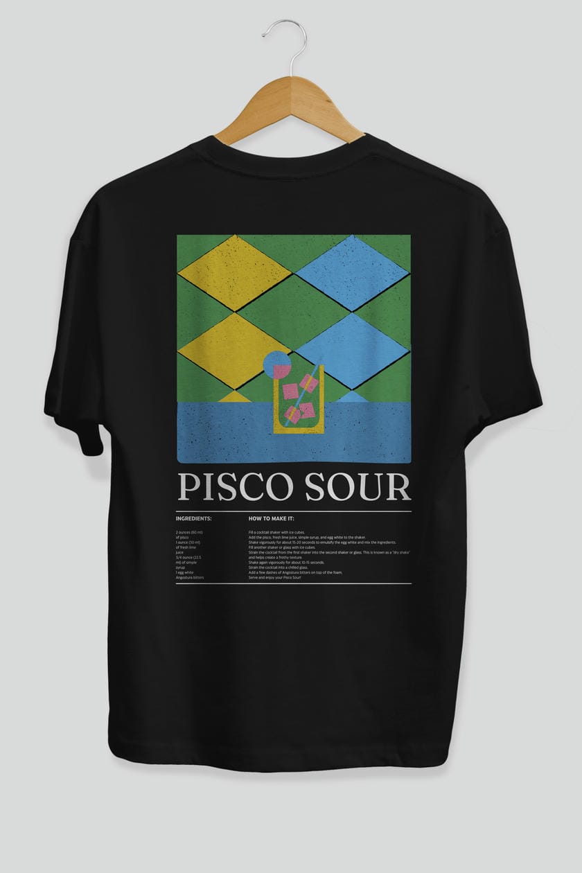 Pisco Sour Kokteyl Serisi Arka Baskılı Oversize t-shirt Erkek Kadın %100 Pamuk Bisiklet Yaka tişort
