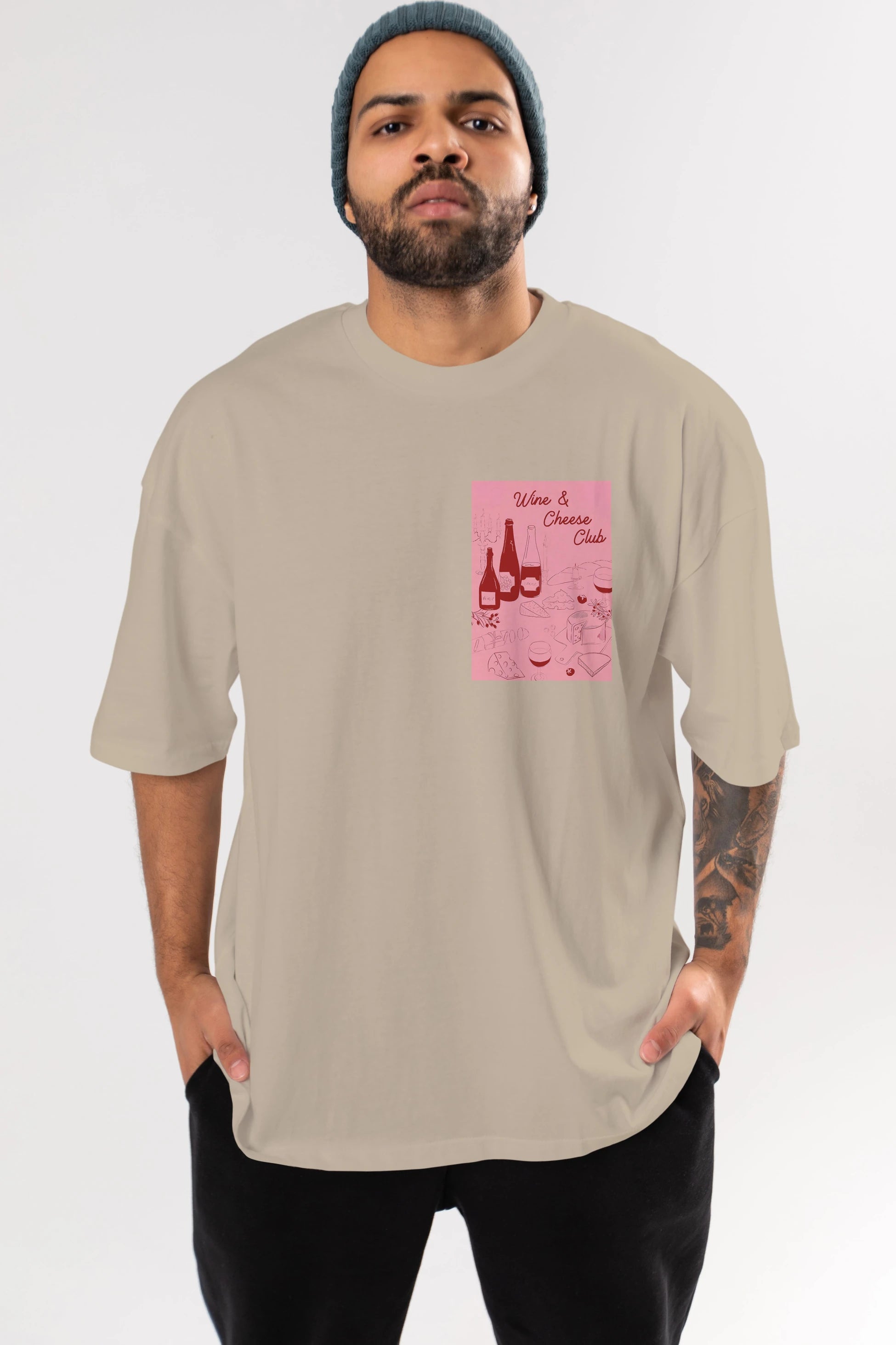 Wine Cheese Club Ön Sol Baskılı Oversize t-shirt Erkek Kadın Unisex %100 Pamuk Bisiklet Yaka tişort