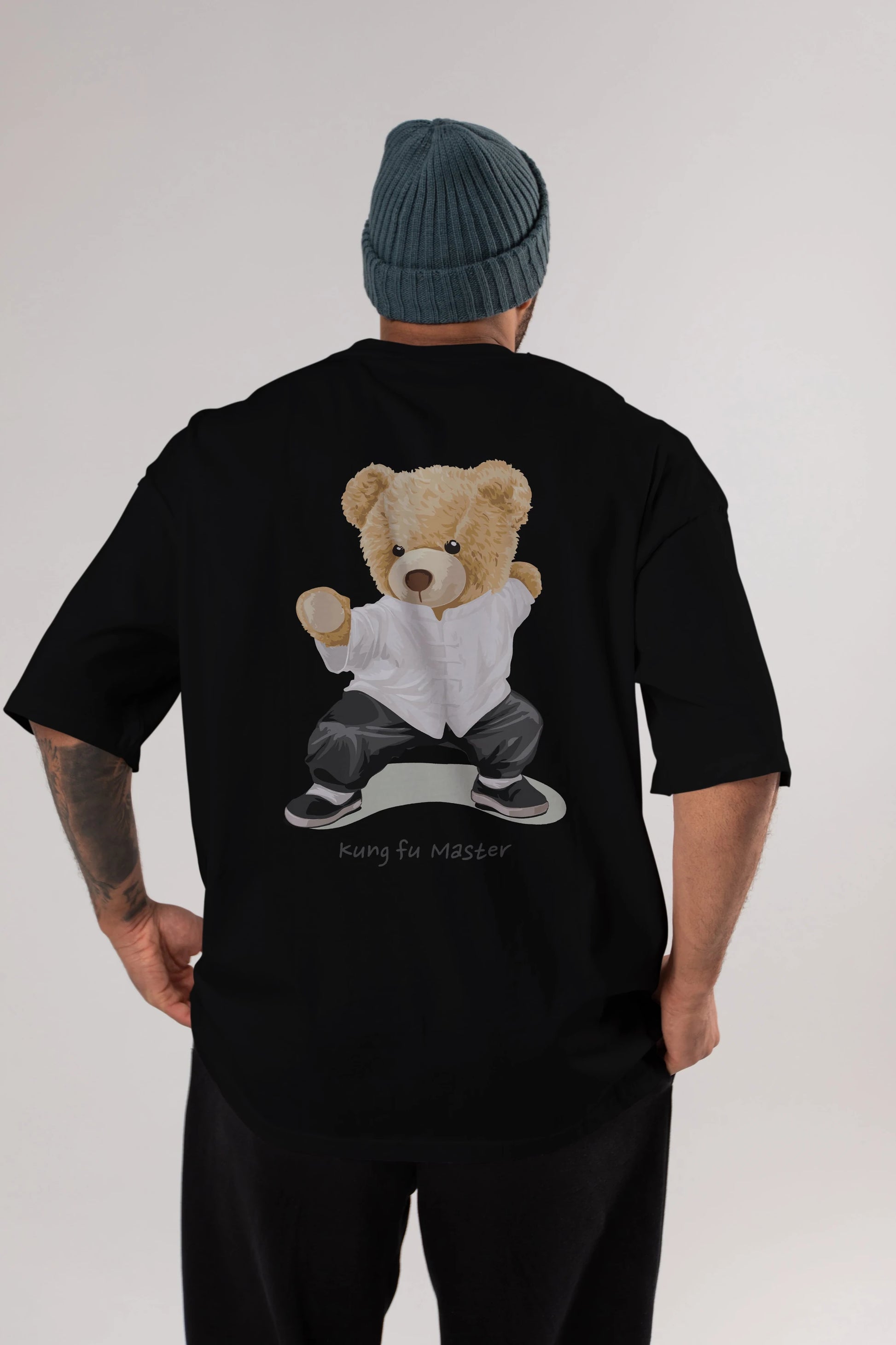 Teddy Bear Kung Fu Master Arka Baskılı Oversize t-shirt Erkek Kadın Unisex %100 Pamuk