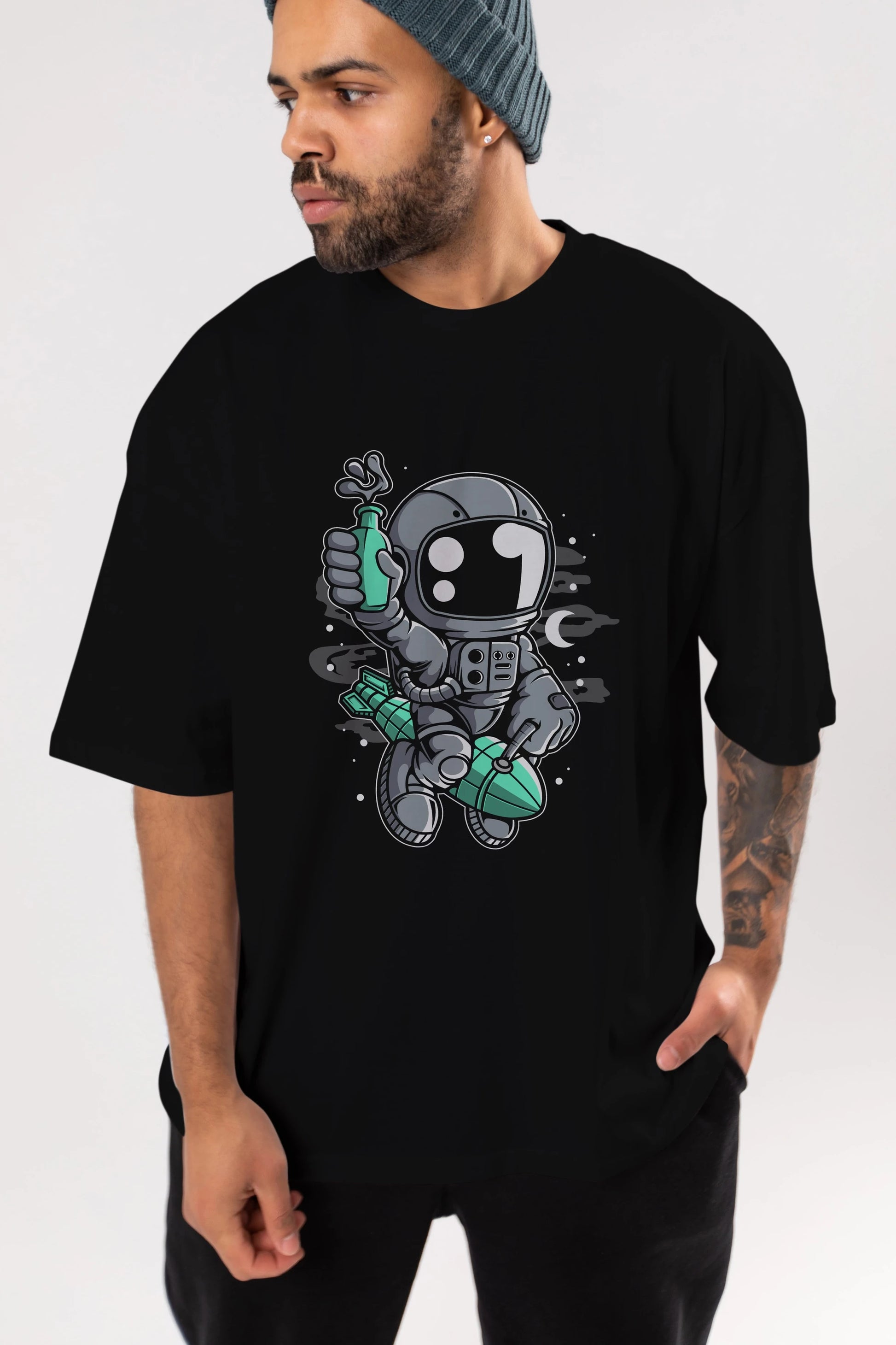Astronaut Rocket Ön Baskılı Oversize t-shirt Erkek Kadın Unisex