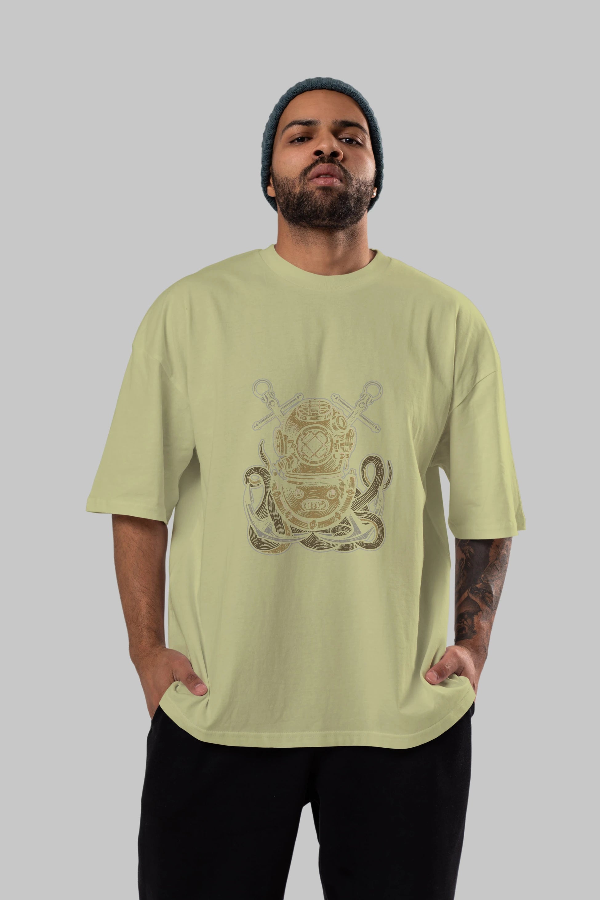 Diver Octopus Ön Baskılı Oversize t-shirt Erkek Kadın Unisex %100 Pamuk tişort