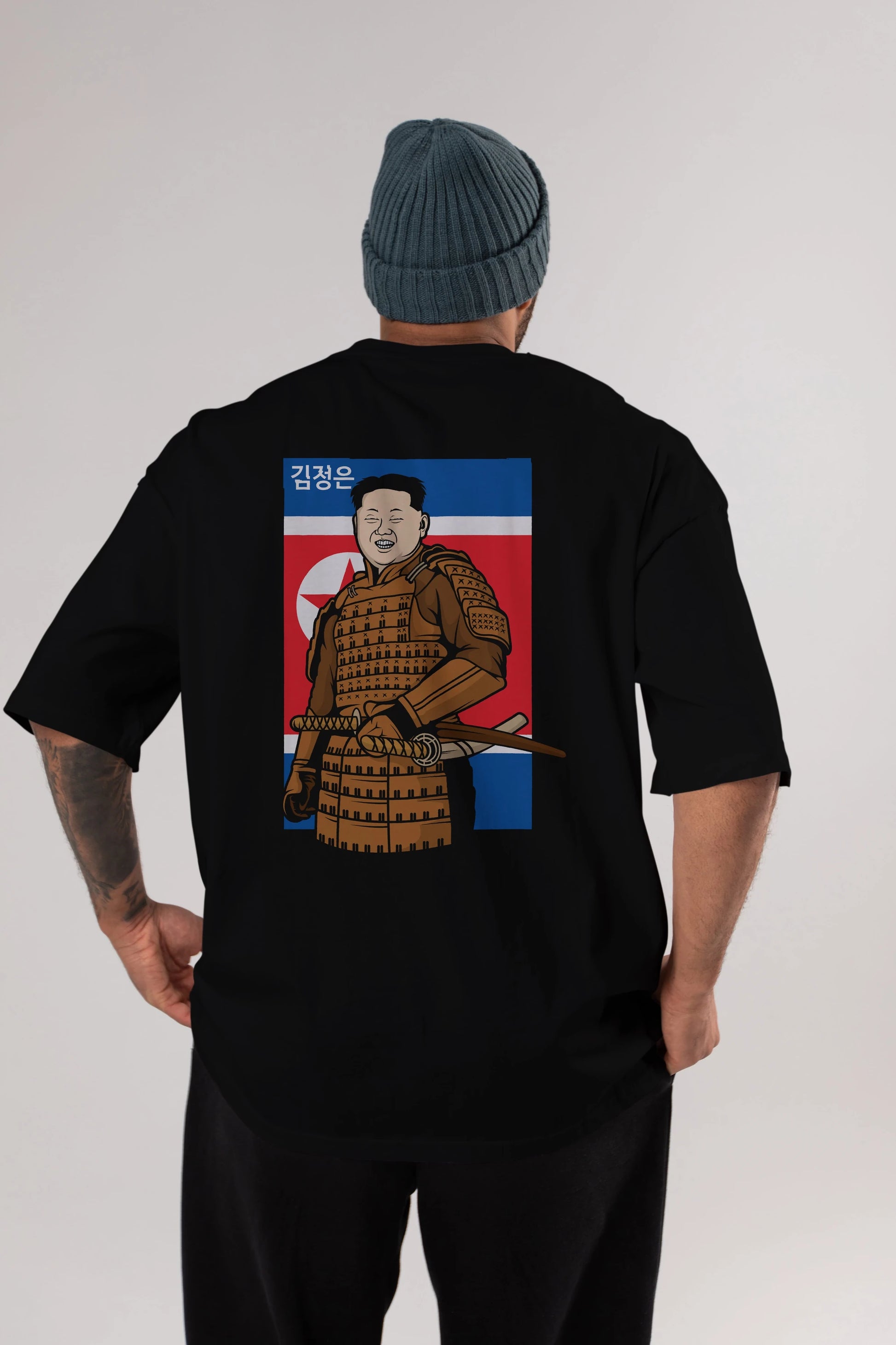 Samurai Jong Un Arka Baskılı Oversize t-shirt Erkek Kadın Unisex %100 Pamuk tişort