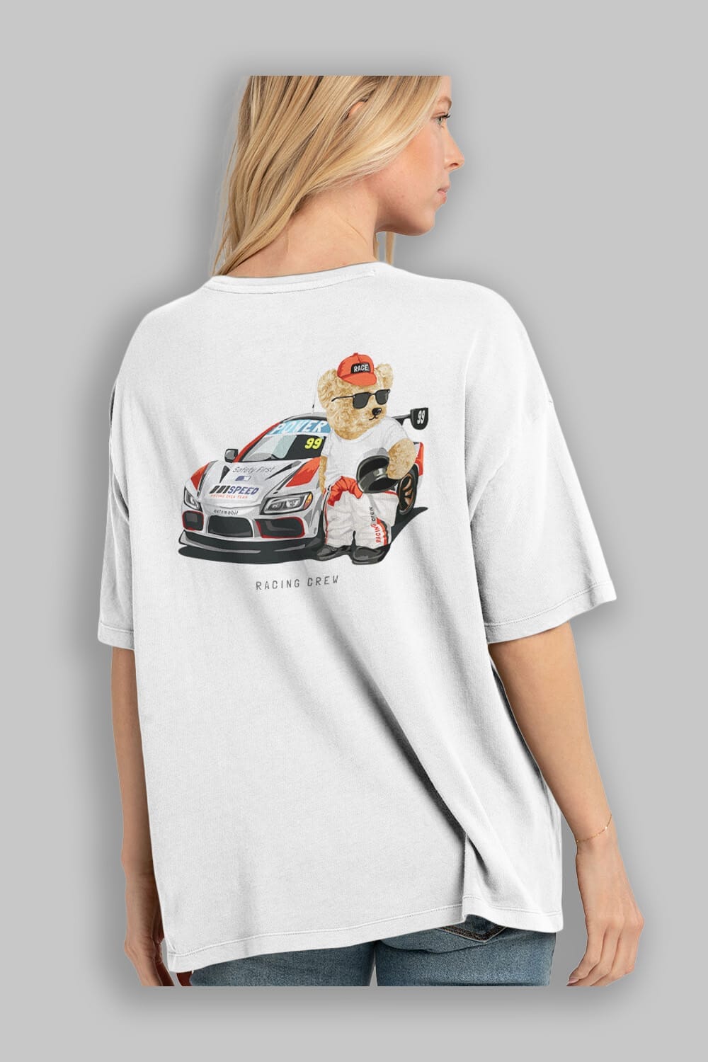 Teddy Bear Racing Crew Arka Baskılı Oversize t-shirt Erkek Kadın Unisex %100 Pamuk