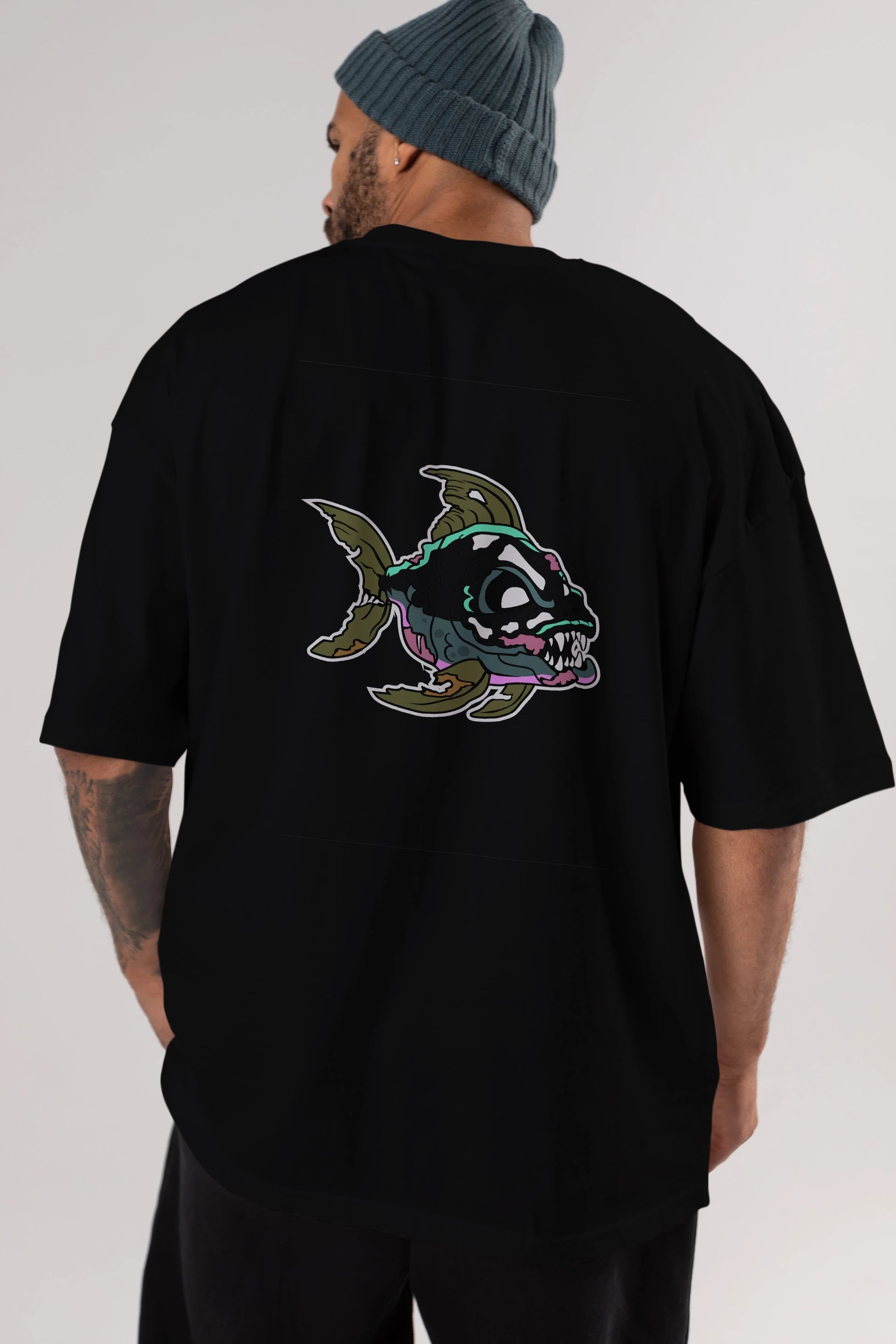 Fish Monster Arka Baskılı Oversize t-shirt Erkek Kadın Unisex %100 Pamuk tişort