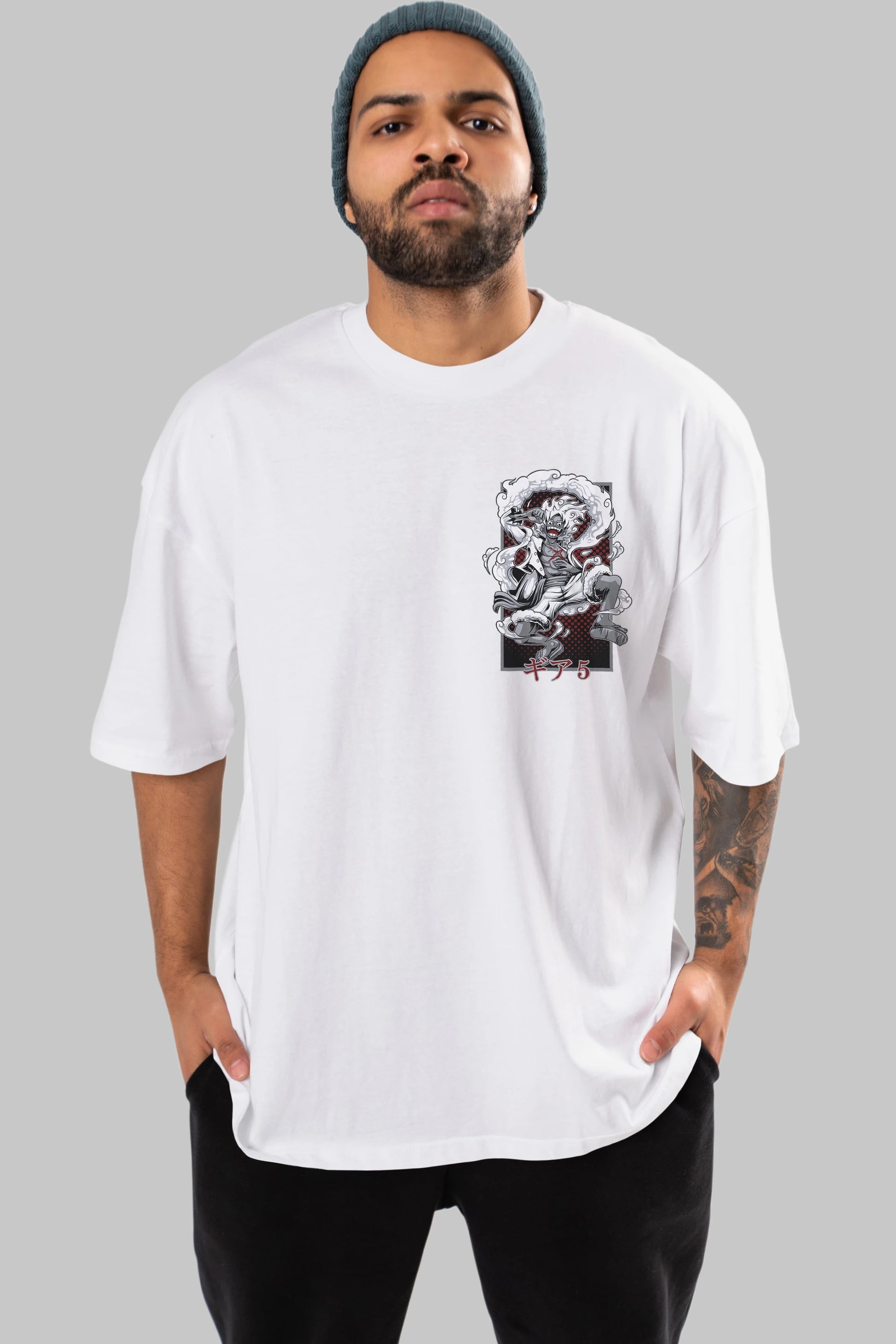 LUFFY GEAR 5 Ön Sol Baskılı Oversize t-shirt Erkek Kadın Unisex %100 Pamuk Bisiklet Yaka tişort