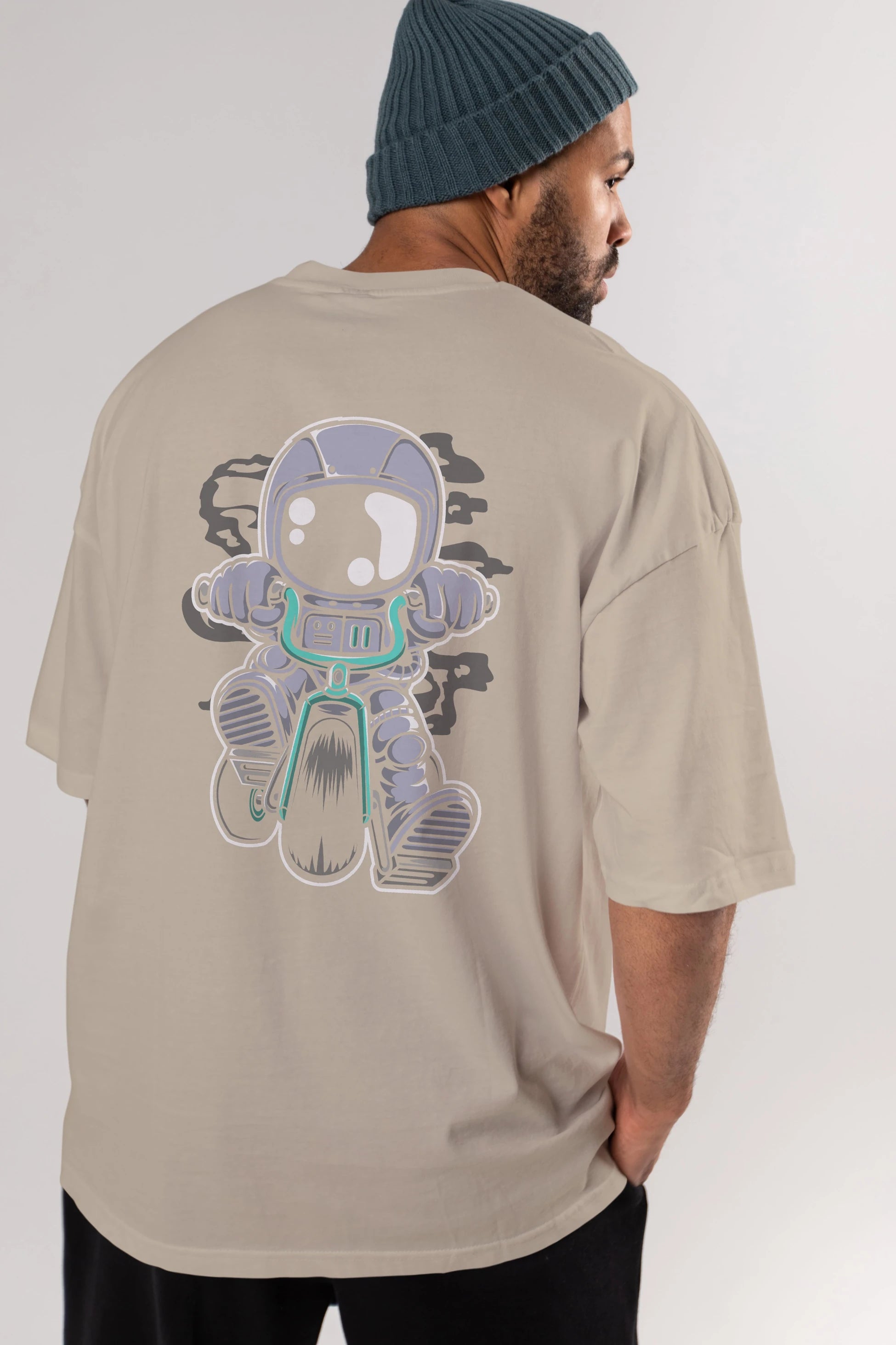 Astronaut Biker Arka Baskılı Oversize t-shirt Erkek Kadın Unisex