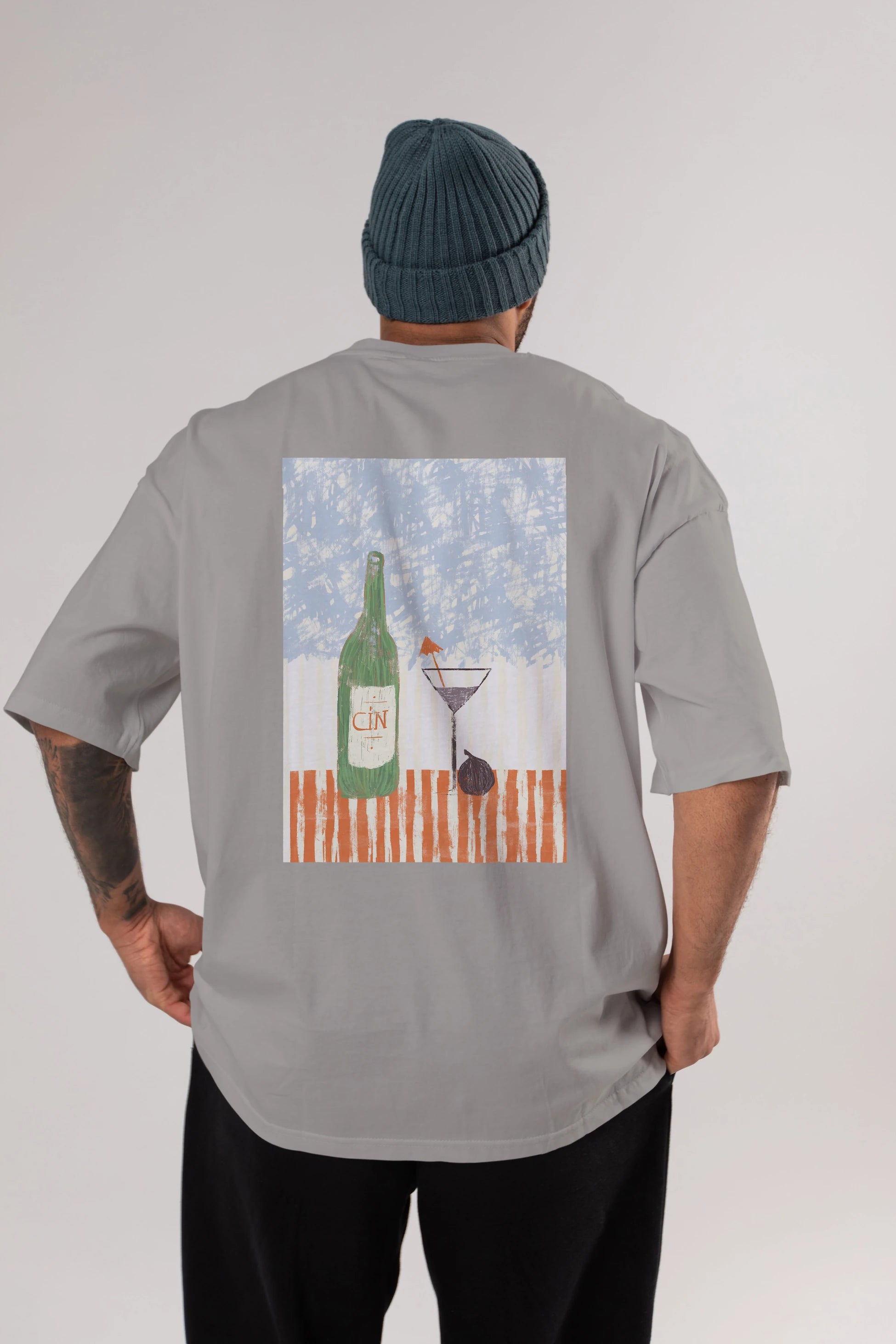 Gin Arka Baskılı Oversize t-shirt Erkek Kadın Unisex %100 Pamuk Bisiklet Yaka tişort