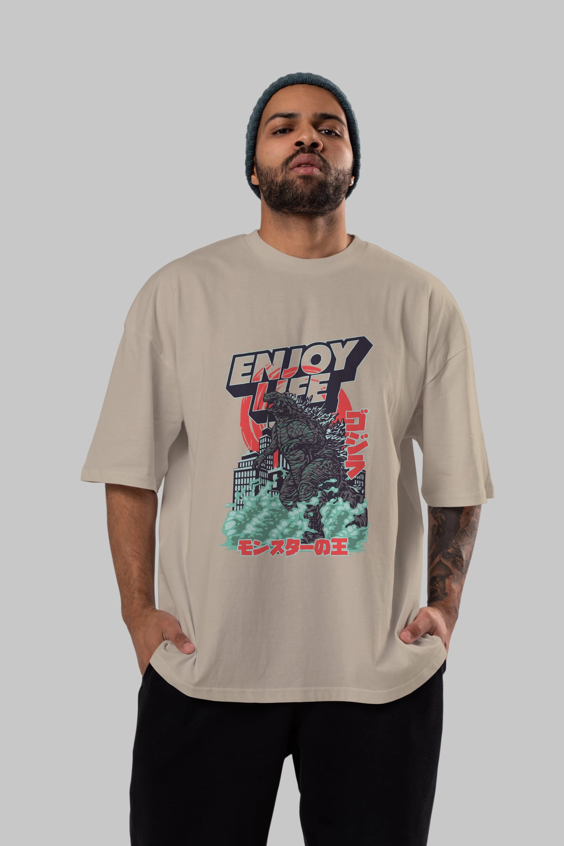 Godzilla Ön Baskılı Oversize t-shirt Erkek Kadın Unisex %100 Pamuk Bisiklet Yaka tişort
