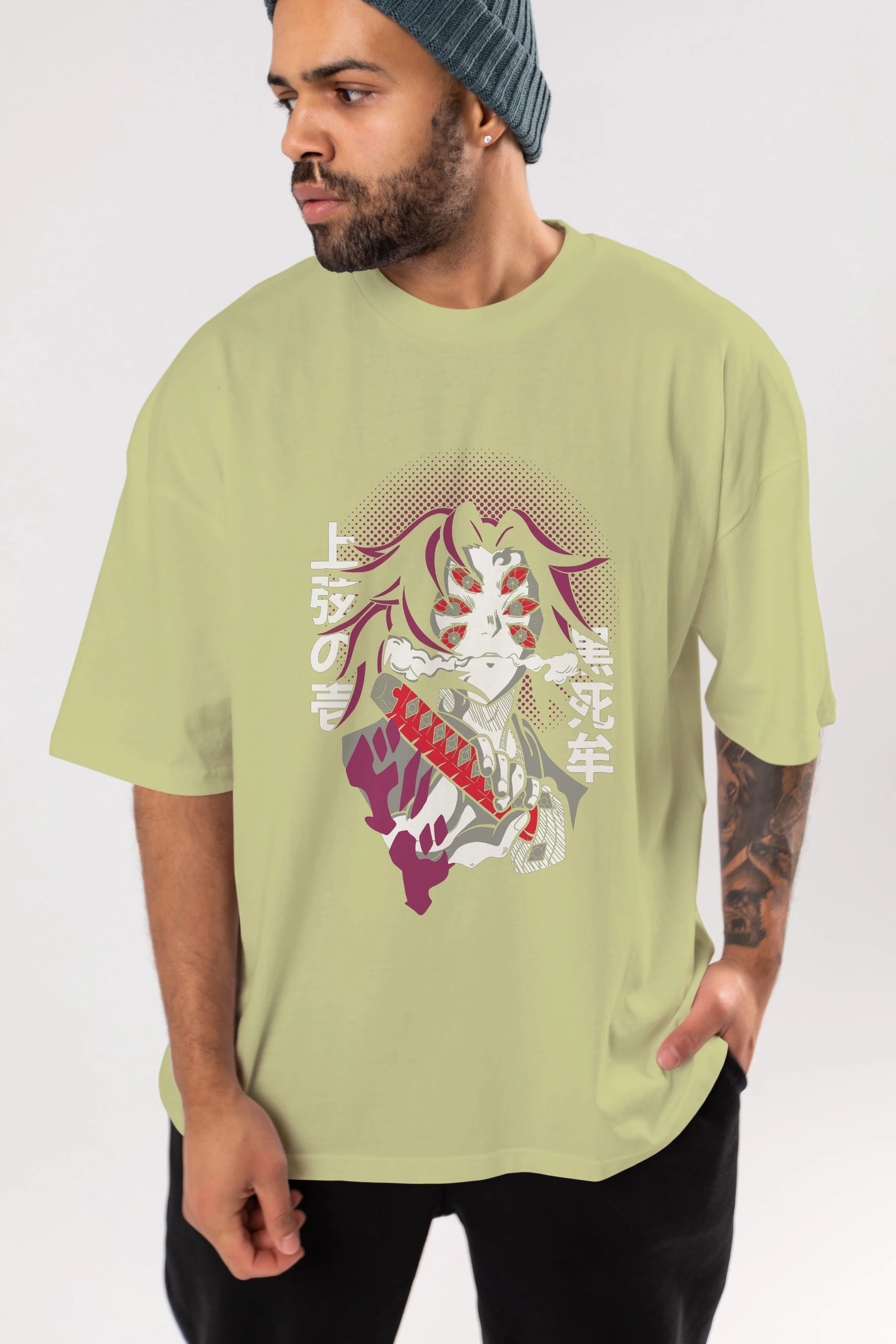 Kokushibo Anime Ön Baskılı Oversize t-shirt %100 pamuk Erkek Kadın Unisex