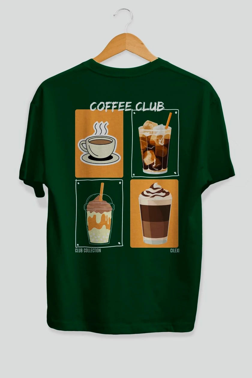 Coffee Club Arka Baskılı Oversize t-shirt Erkek Kadın %100 Pamuk Bisiklet Yaka tişort