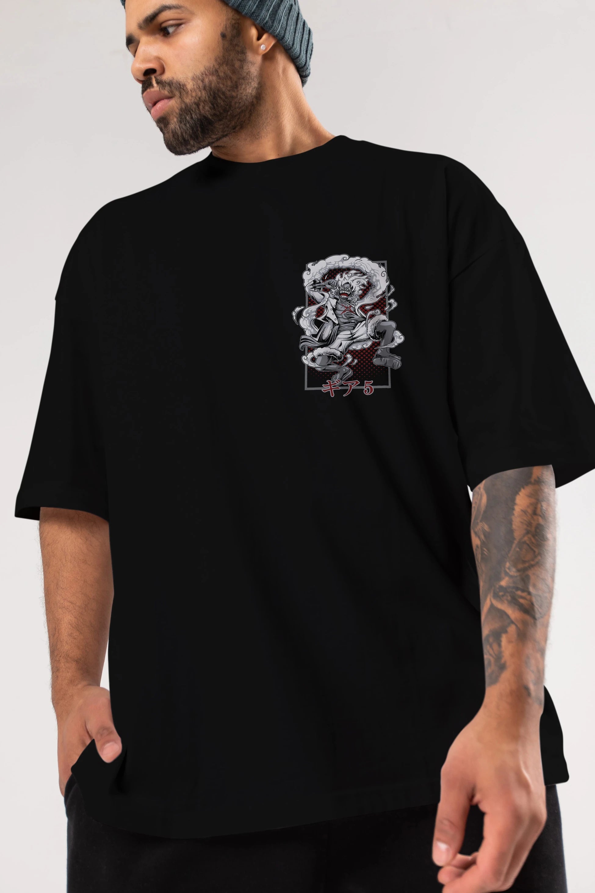 LUFFY GEAR 5 Ön Sol Baskılı Oversize t-shirt Erkek Kadın Unisex %100 Pamuk Bisiklet Yaka tişort
