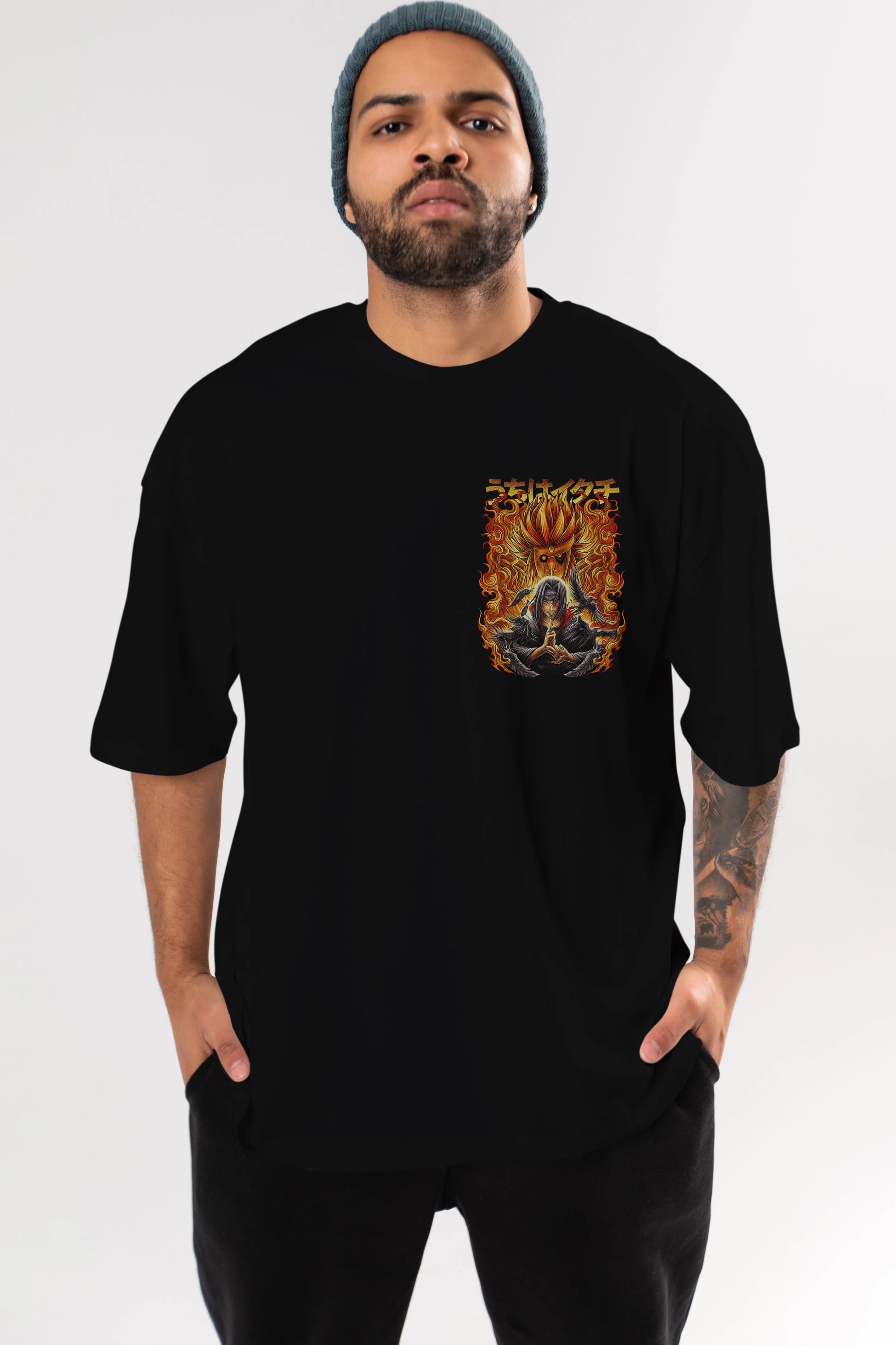NARUTO ITACHI UCHIHA Ön Sol Baskılı Oversize t-shirt Erkek Kadın Unisex %100 Pamuk Bisiklet Yaka tişort