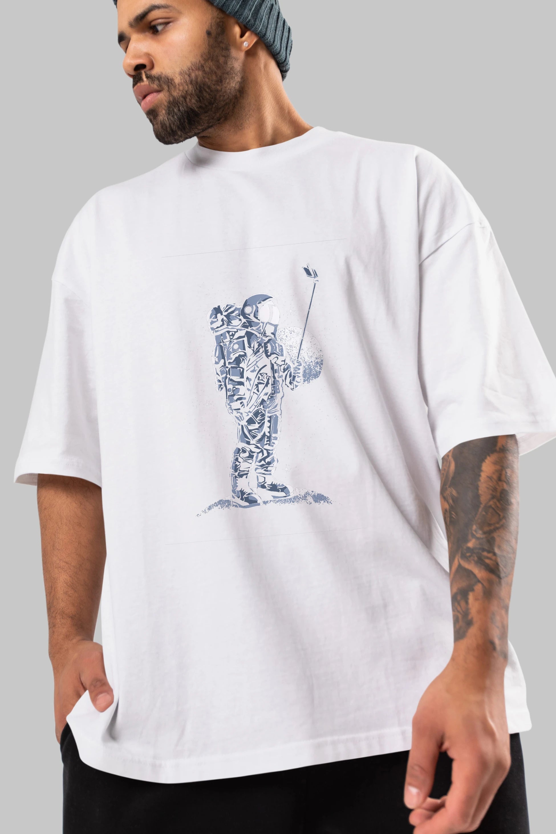 Selfie Astronaut Ön Baskılı Oversize t-shirt Erkek Kadın Unisex %100 Pamuk tişort